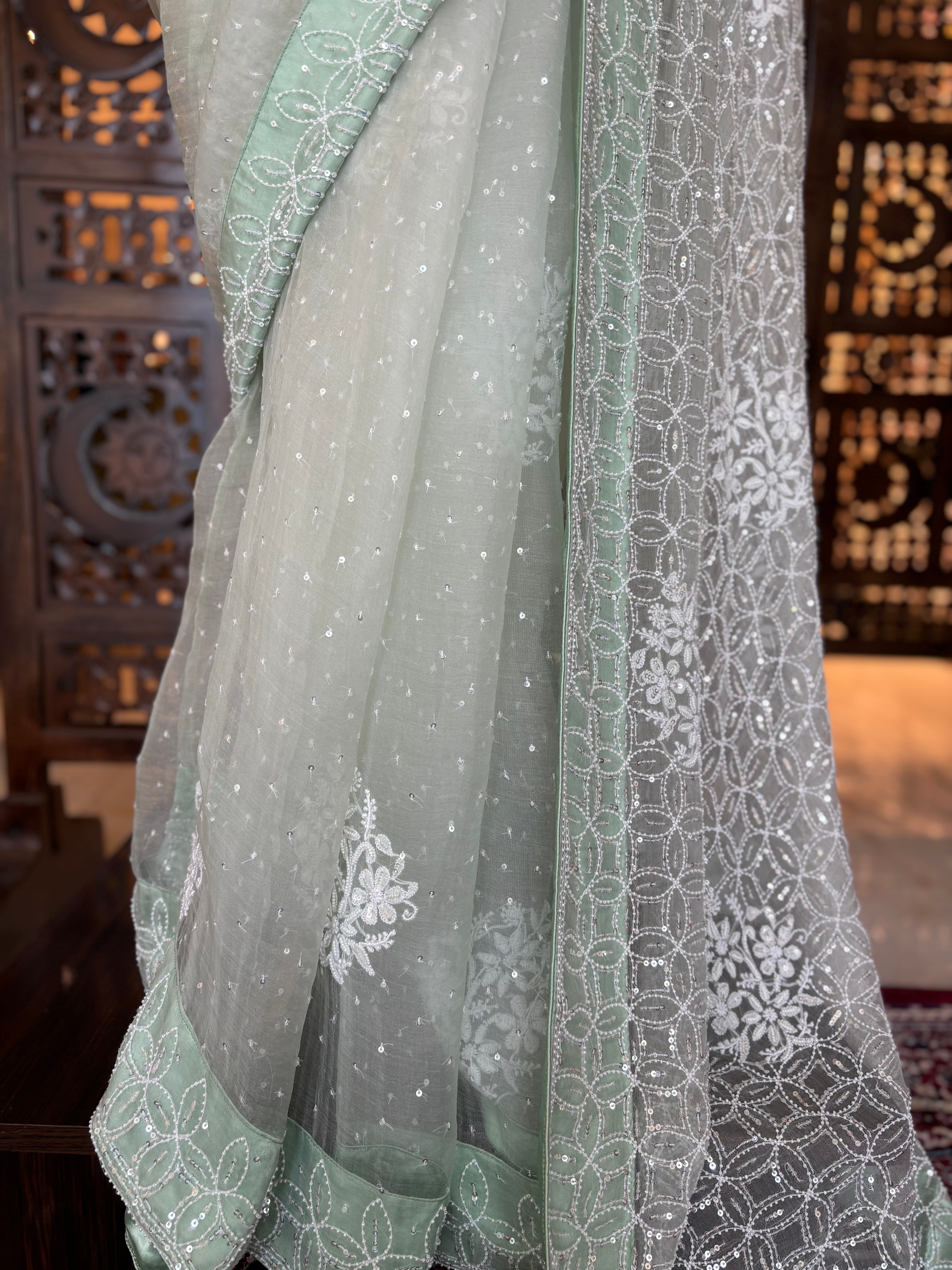 Sage Green Organza Chikankari Saree and Blouse