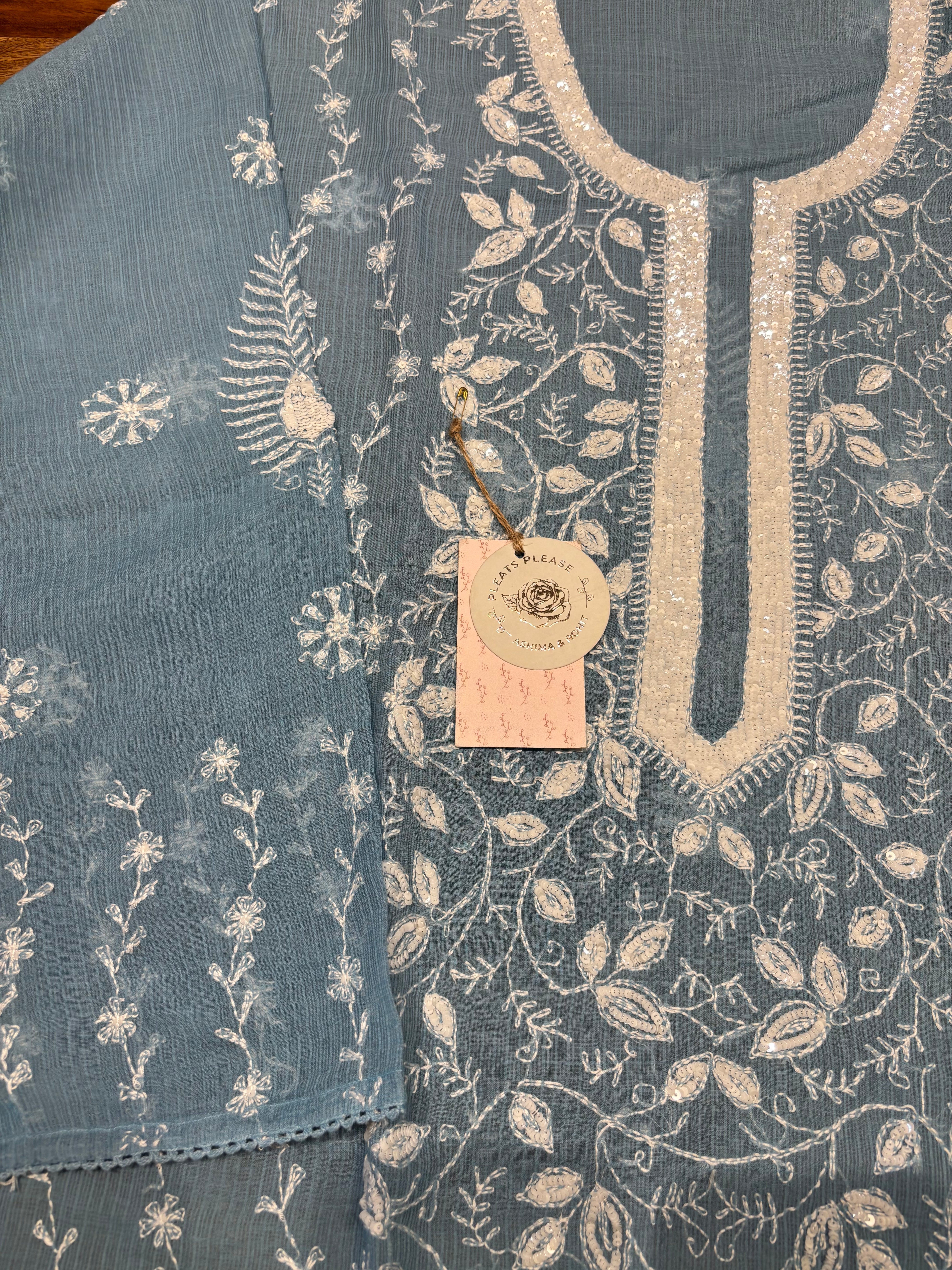 Blue Kota Doria Chikankari Kurta And Dupatta Set
