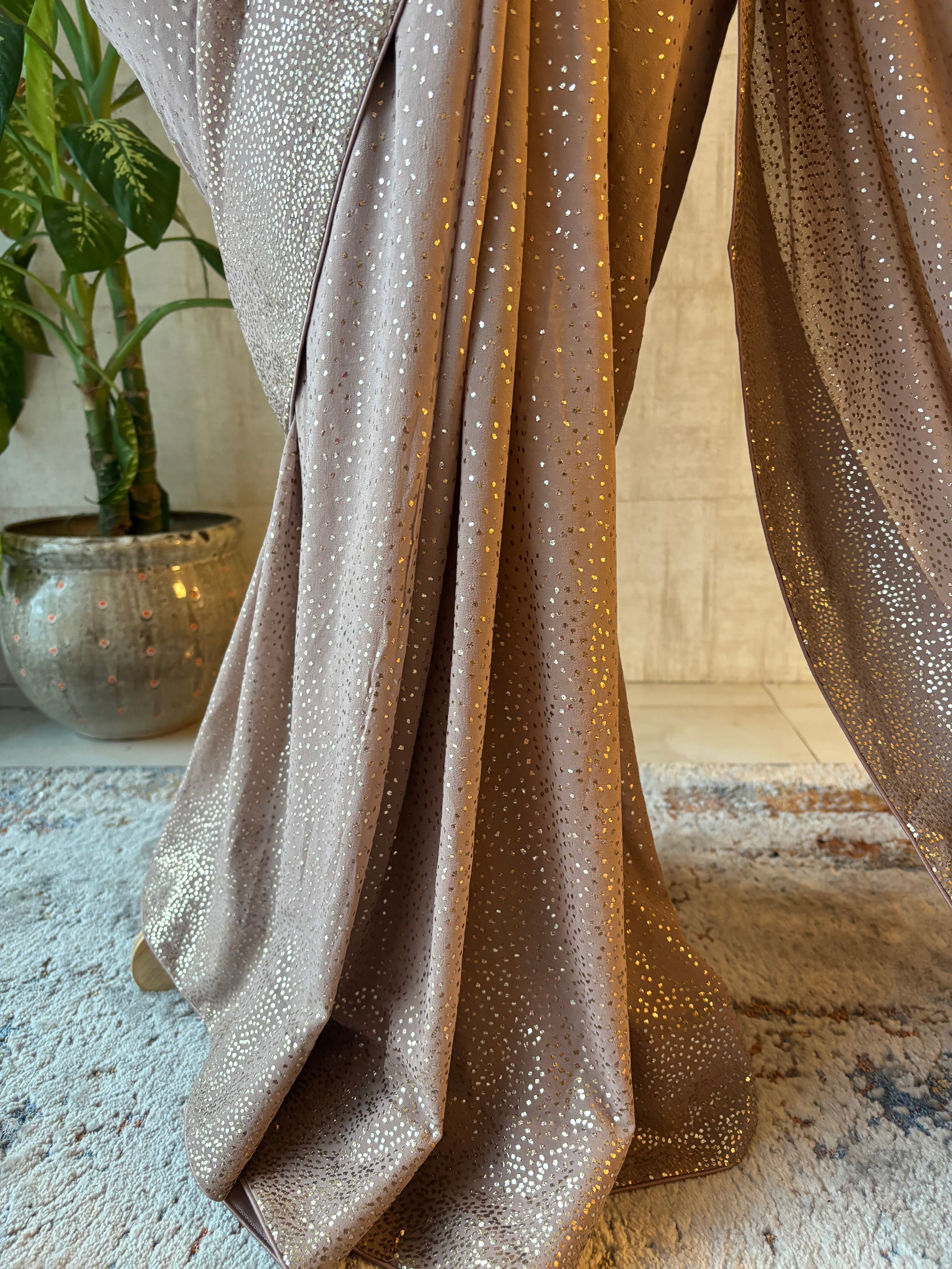 Brown Pure & Premium Georgette Mukaish Saree & Blouse