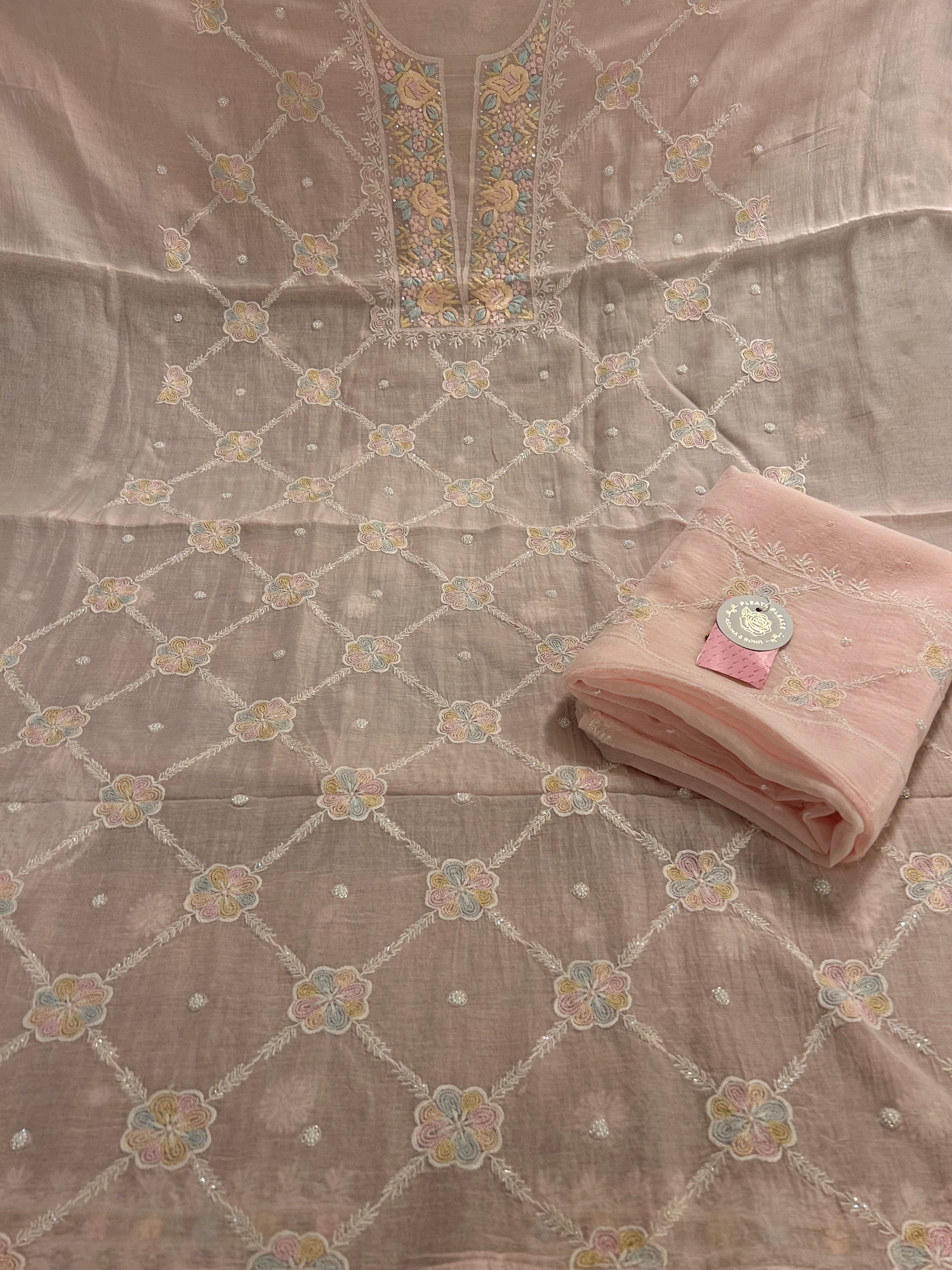 Baby Pink Chanderi Mul Parsi Gara Chikankari Kurta & Dupatta