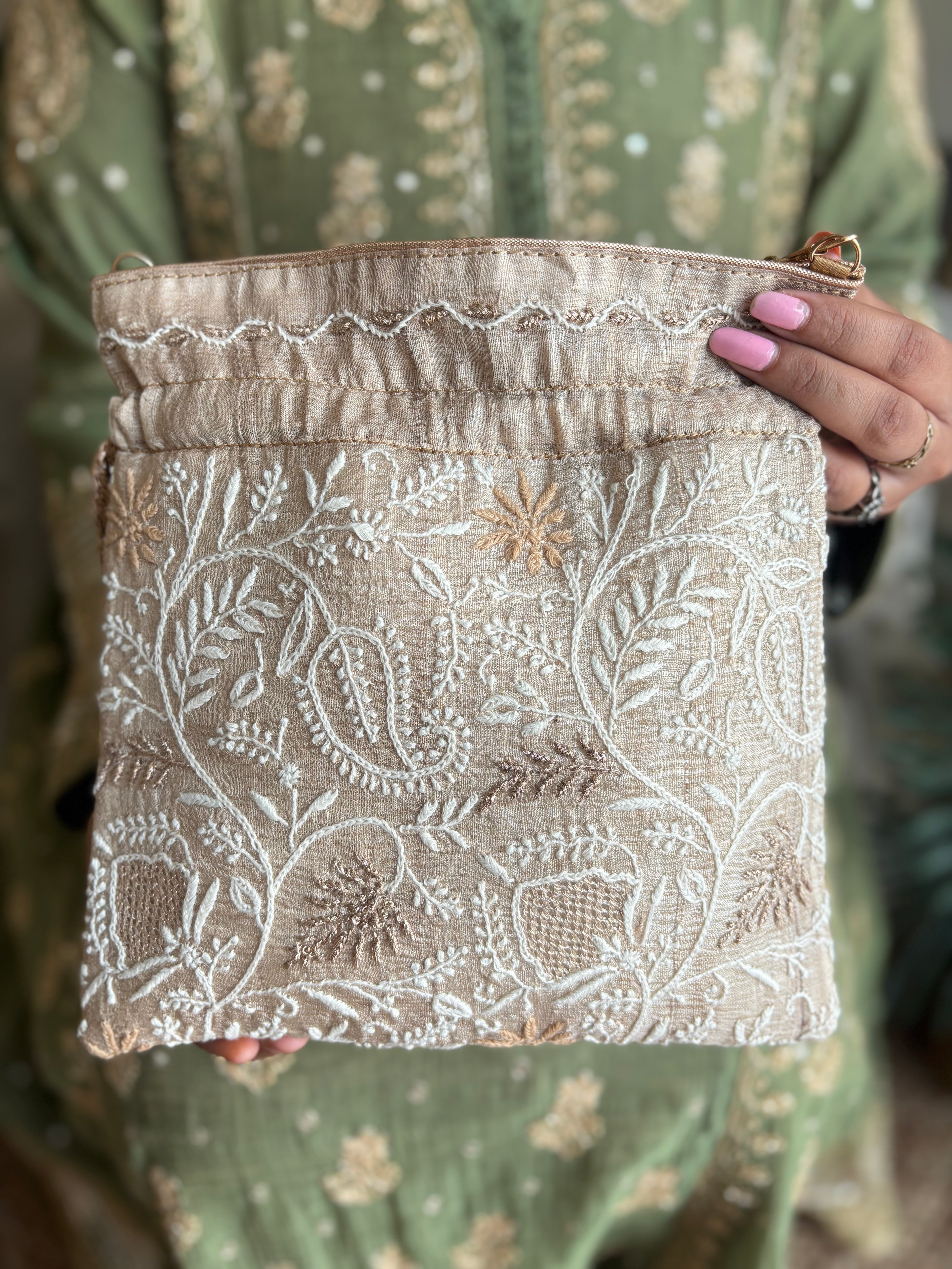 Beige Silk Chikankari Potli