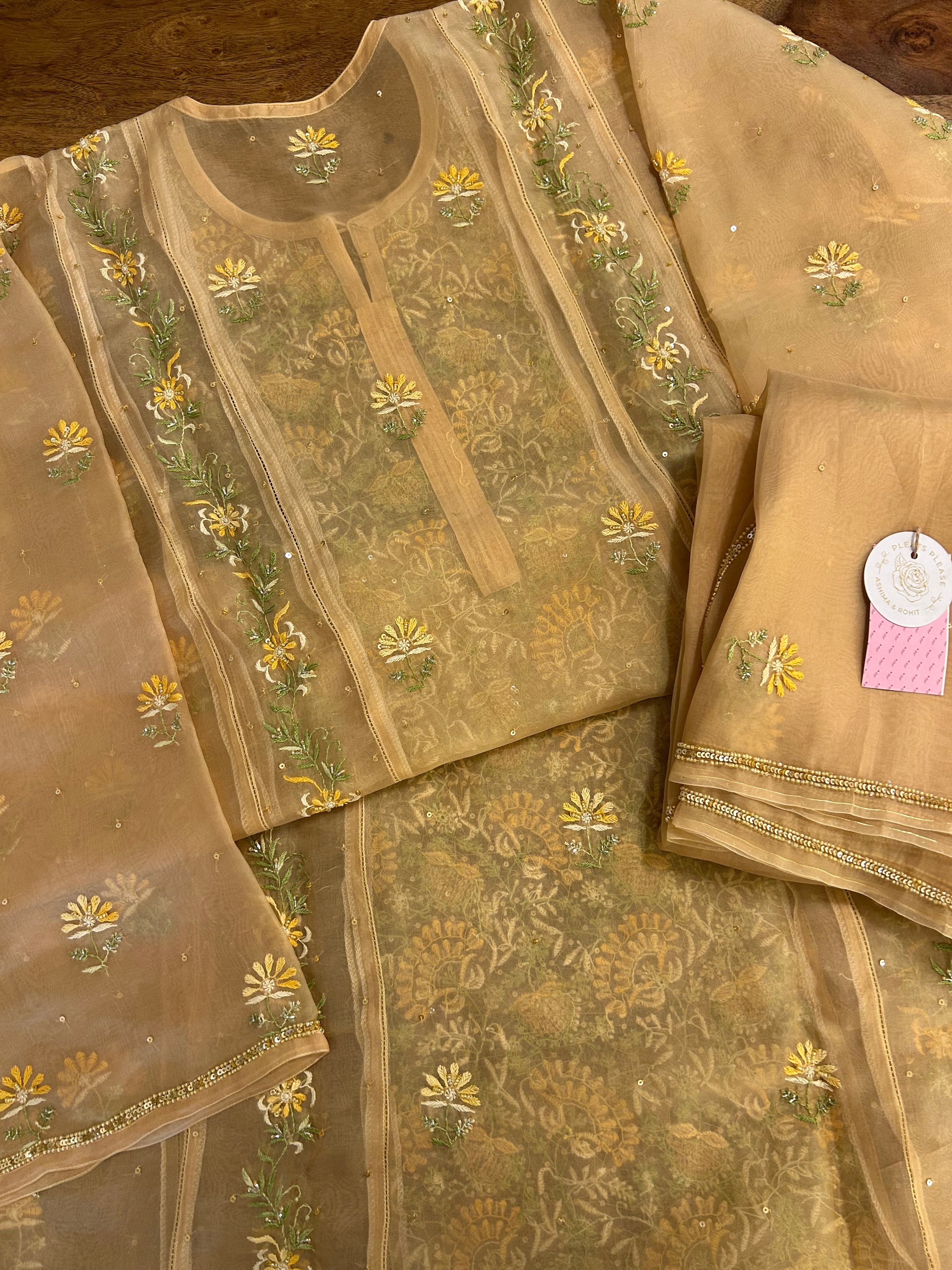 Golden Pure Organza Chikankari Kurta & Dupatta