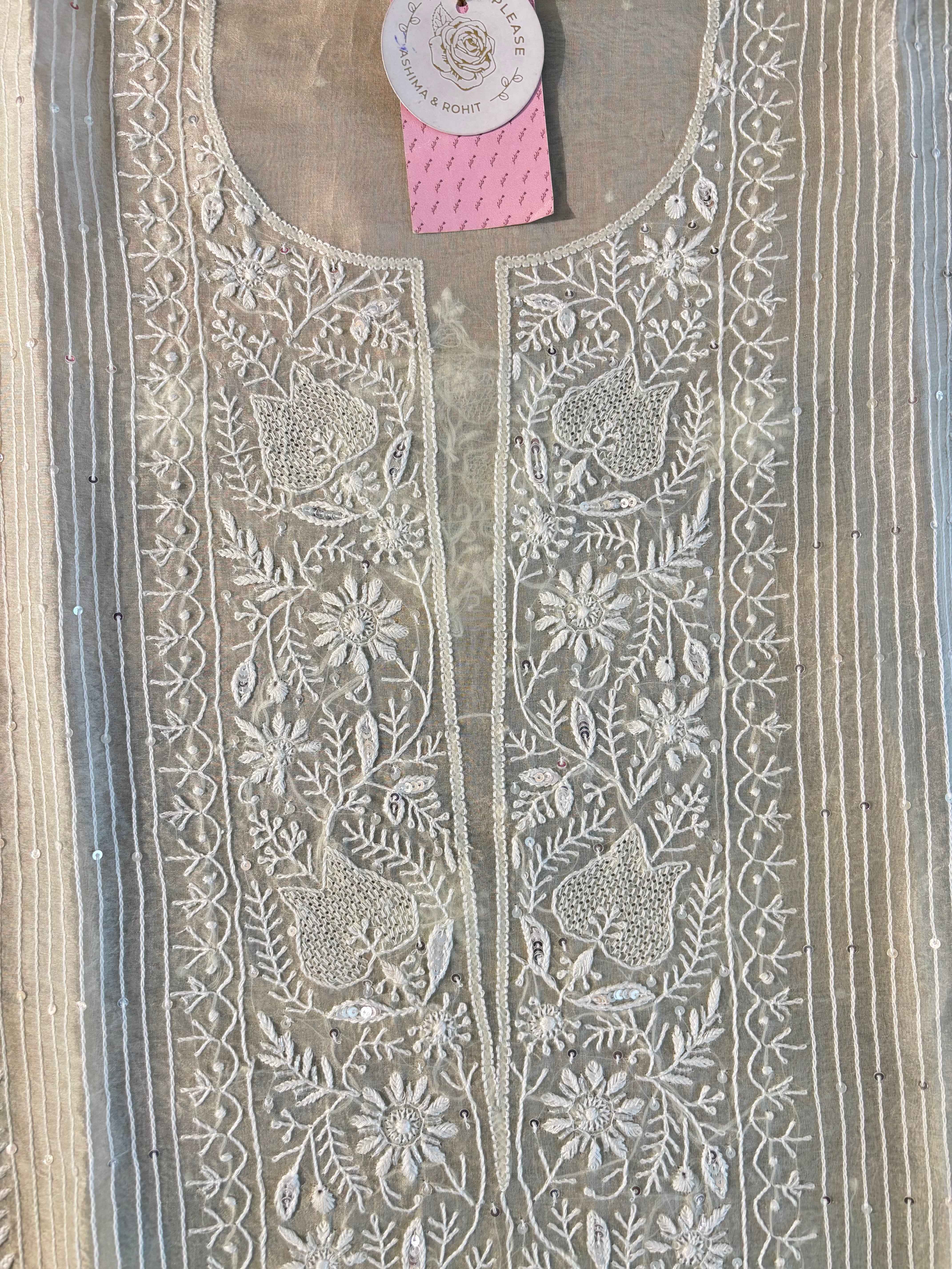 Pastel Sage Green Organza Chikankari Kurta & Dupatta