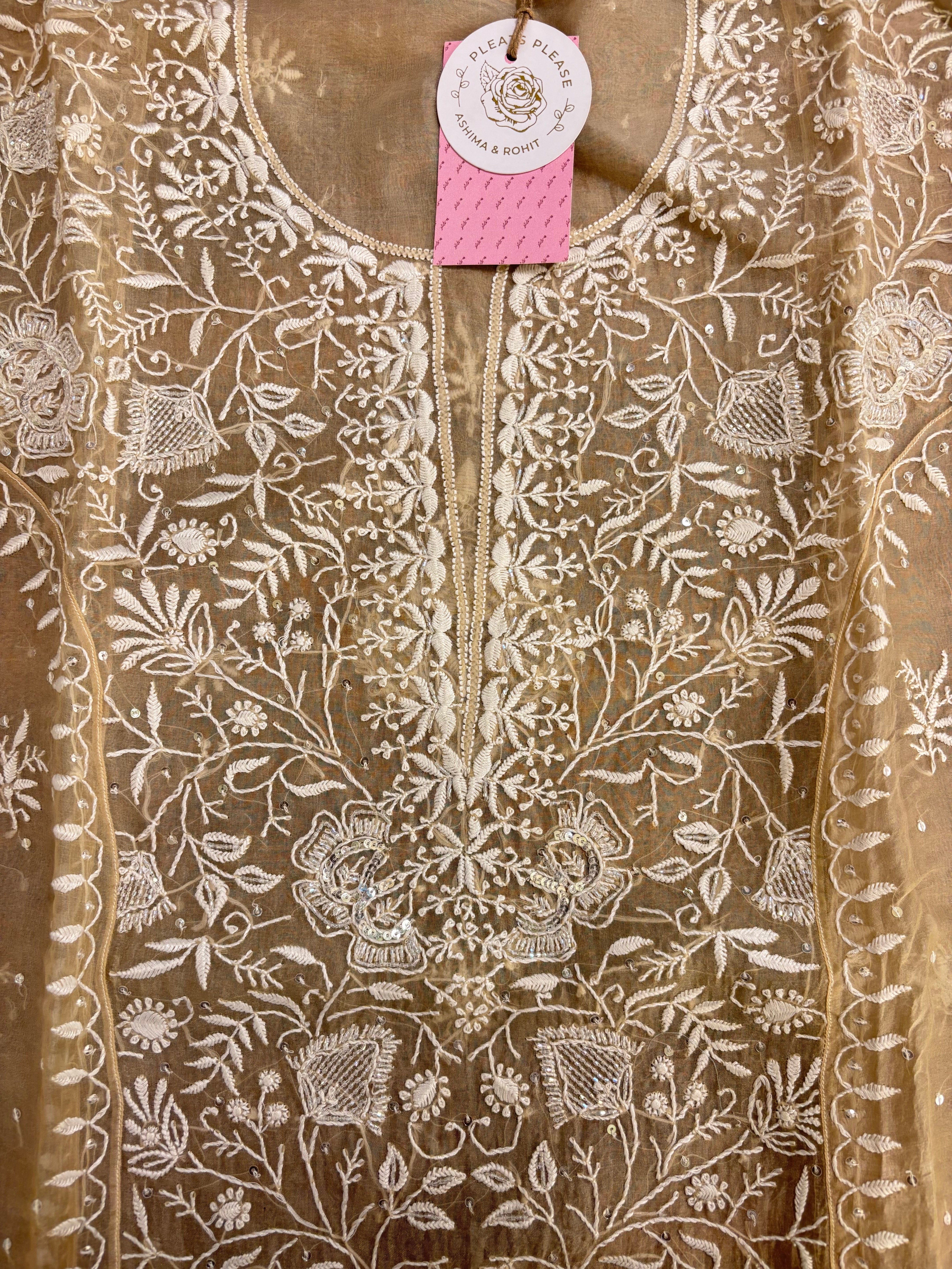 Brown Ombré Organza Silk Chikankari Kurta & Dupatta