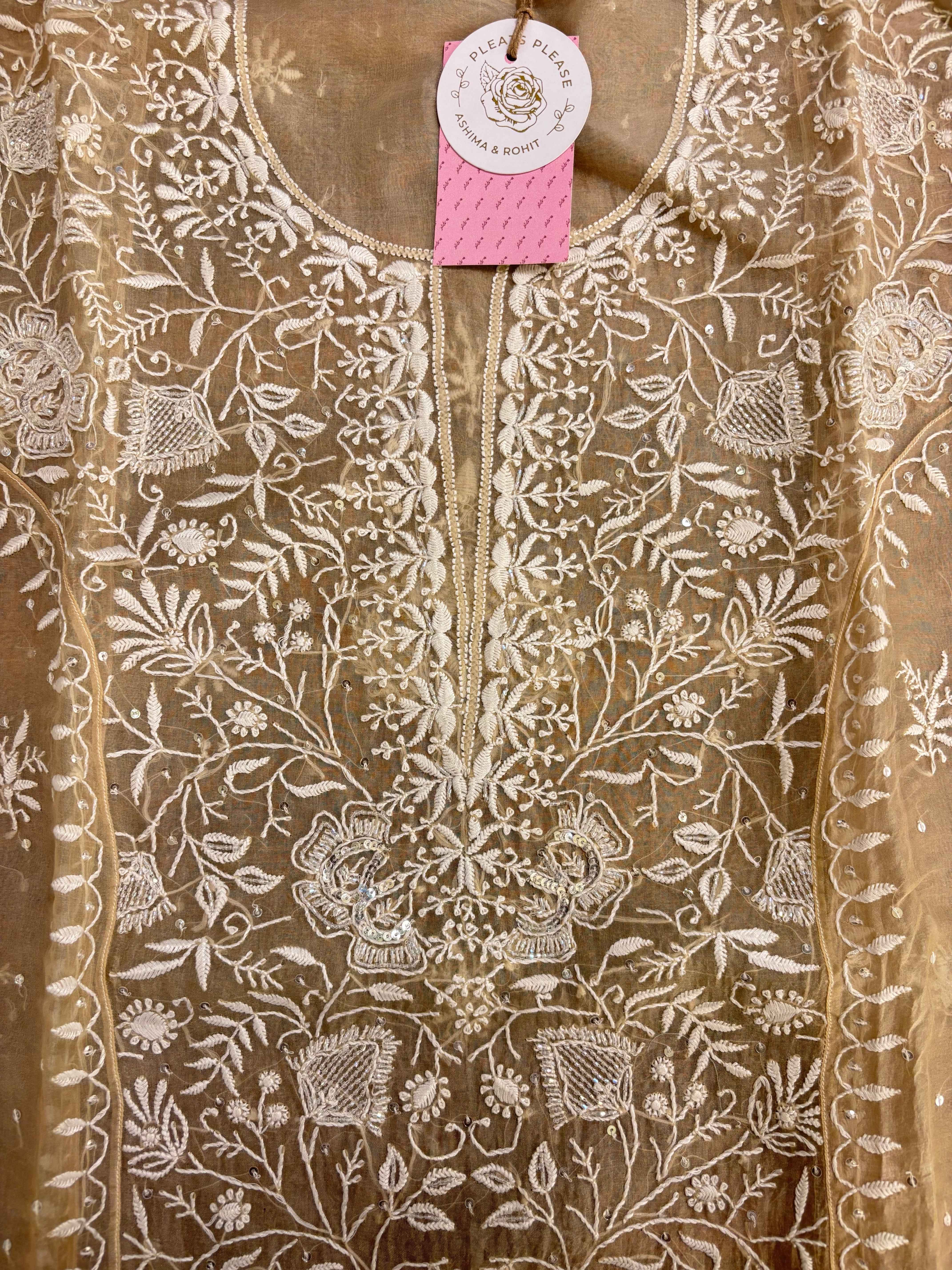 Brown Ombré Organza Silk Chikankari Kurta & Dupatta