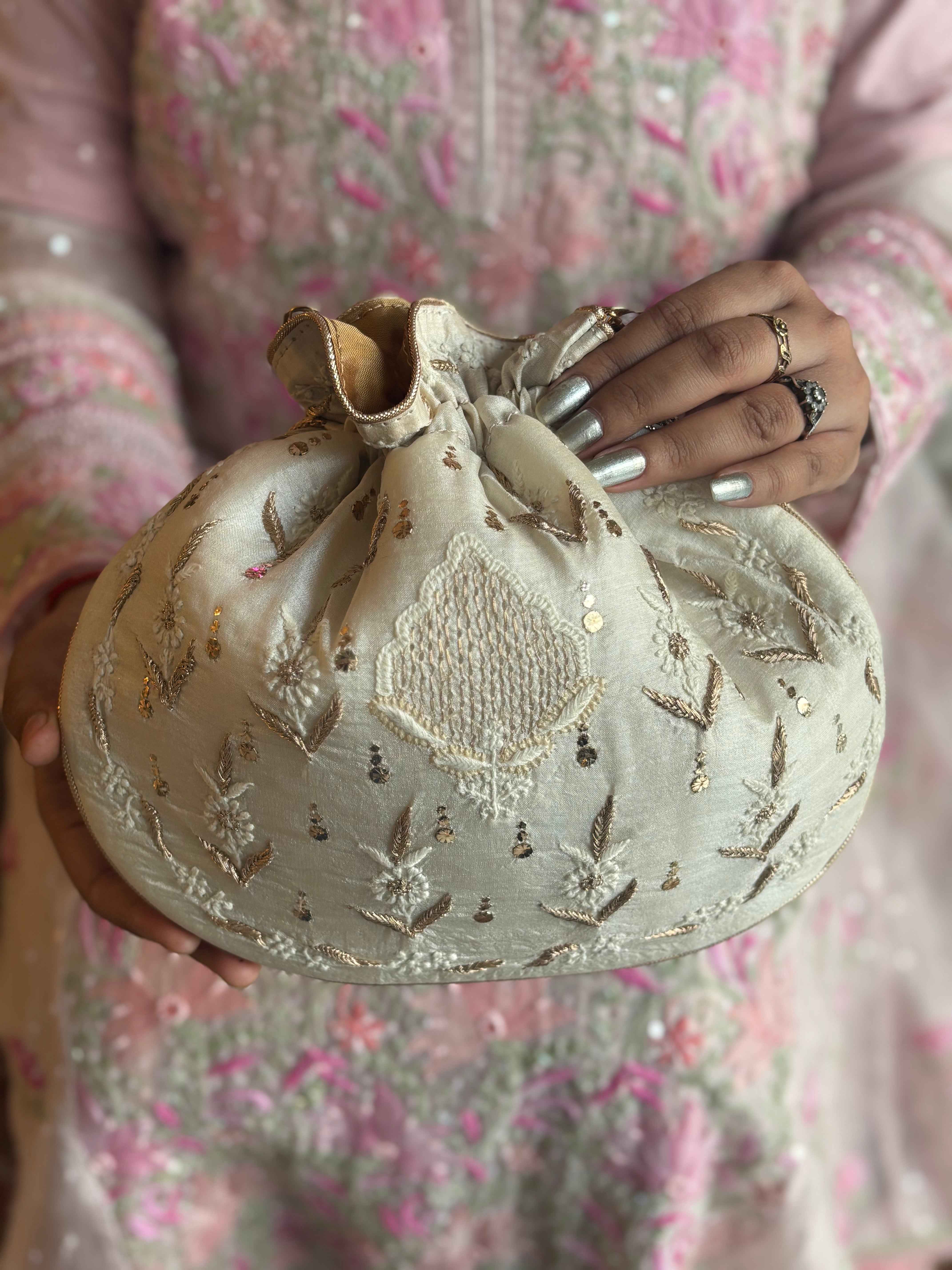 Ivory Chikankari Batua - Pleats PleaseChikankari