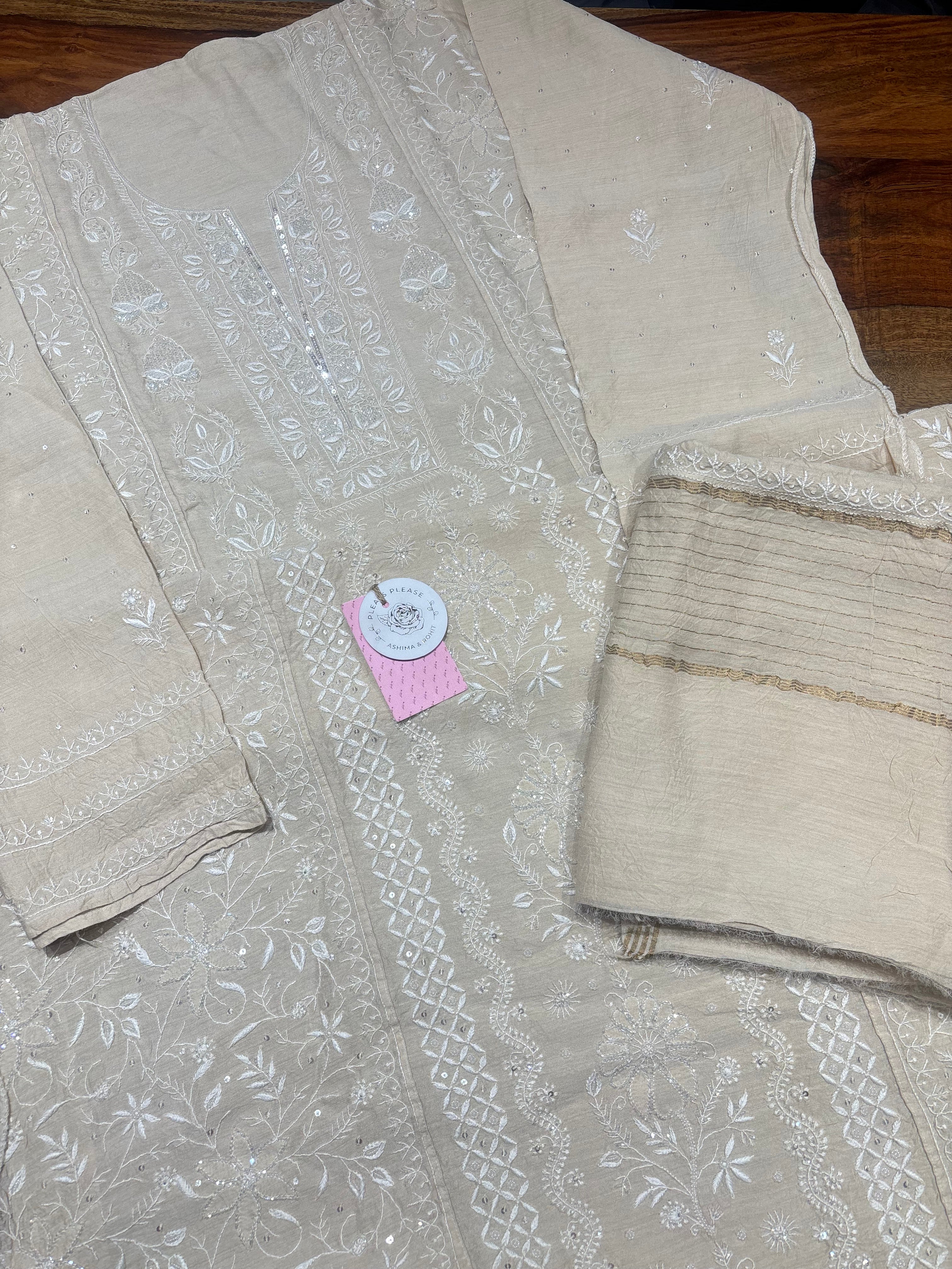 Dyeable Pure & Premium Monga Silk Chikankari Kurta & Dupatta Set