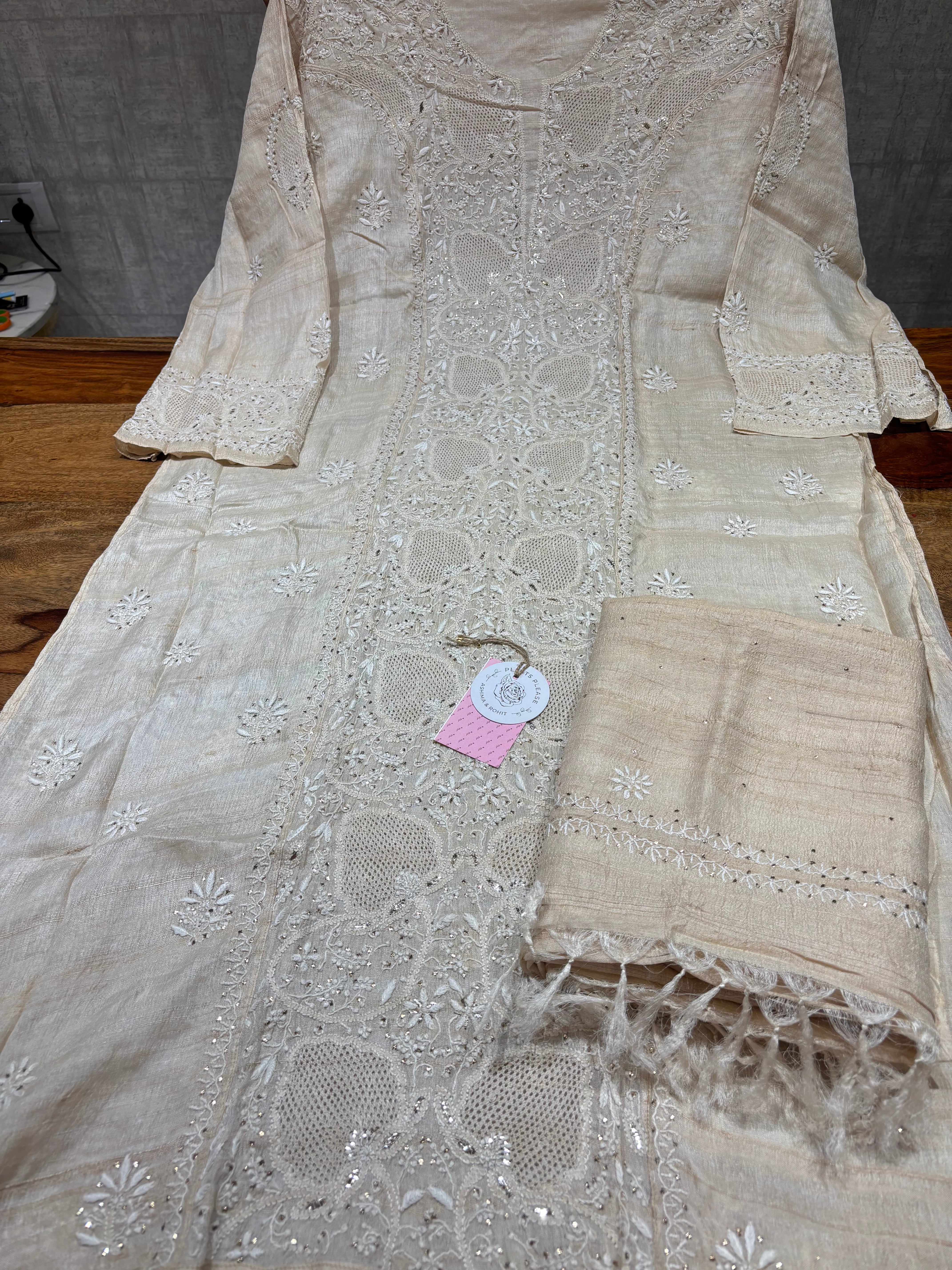 Dyeable Pure & Premium Tassar Silk Chikankari Kurta & Dupatta Set