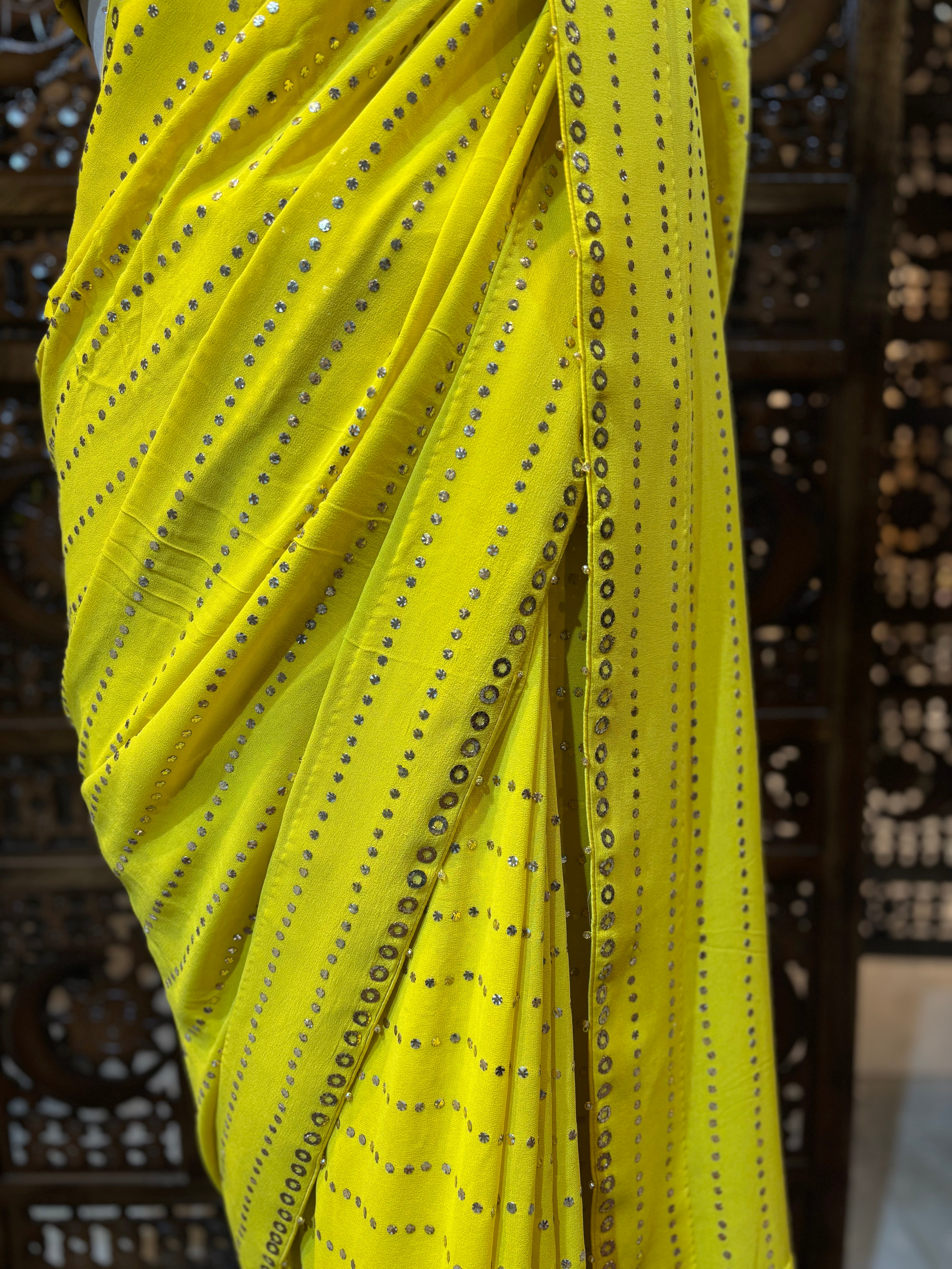 Dhaani Green Pure & Premium Georgette Mukaish Saree & Blouse - Pleats PleaseChikankari