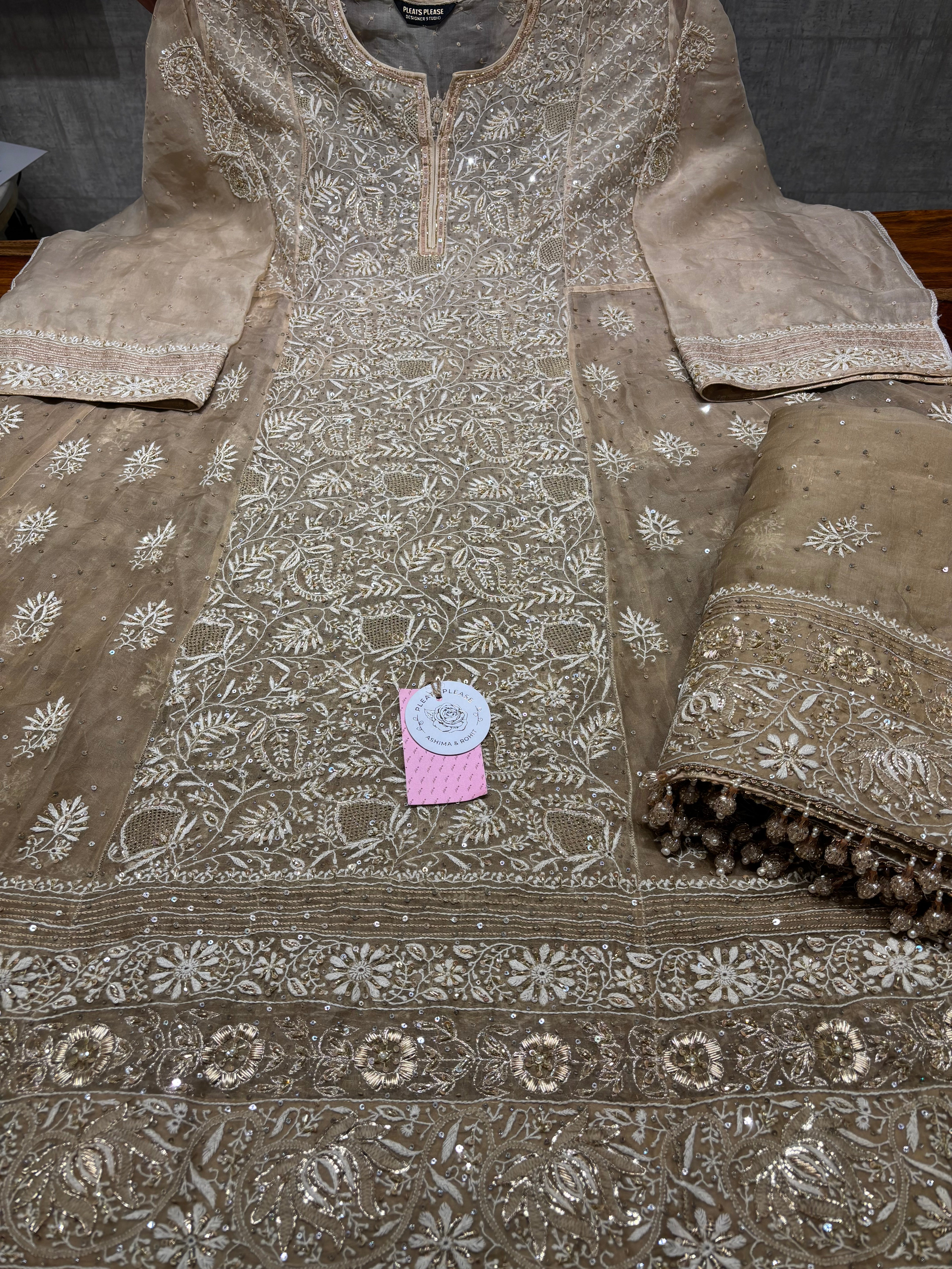 Brown Pure & Premium Organza Chikankari Anarkali & Dupatta Set