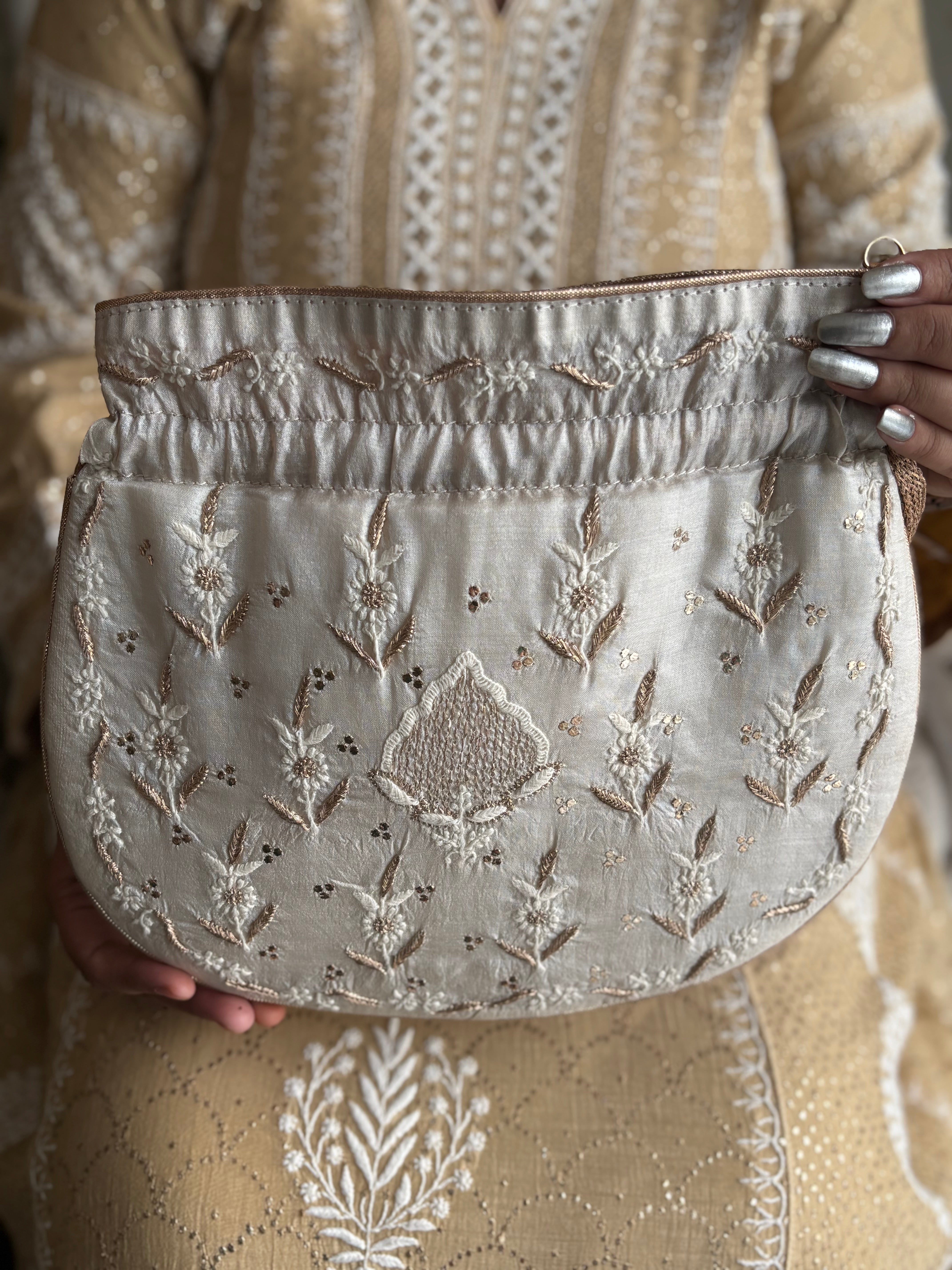 Ivory Silk Chikankari Batua