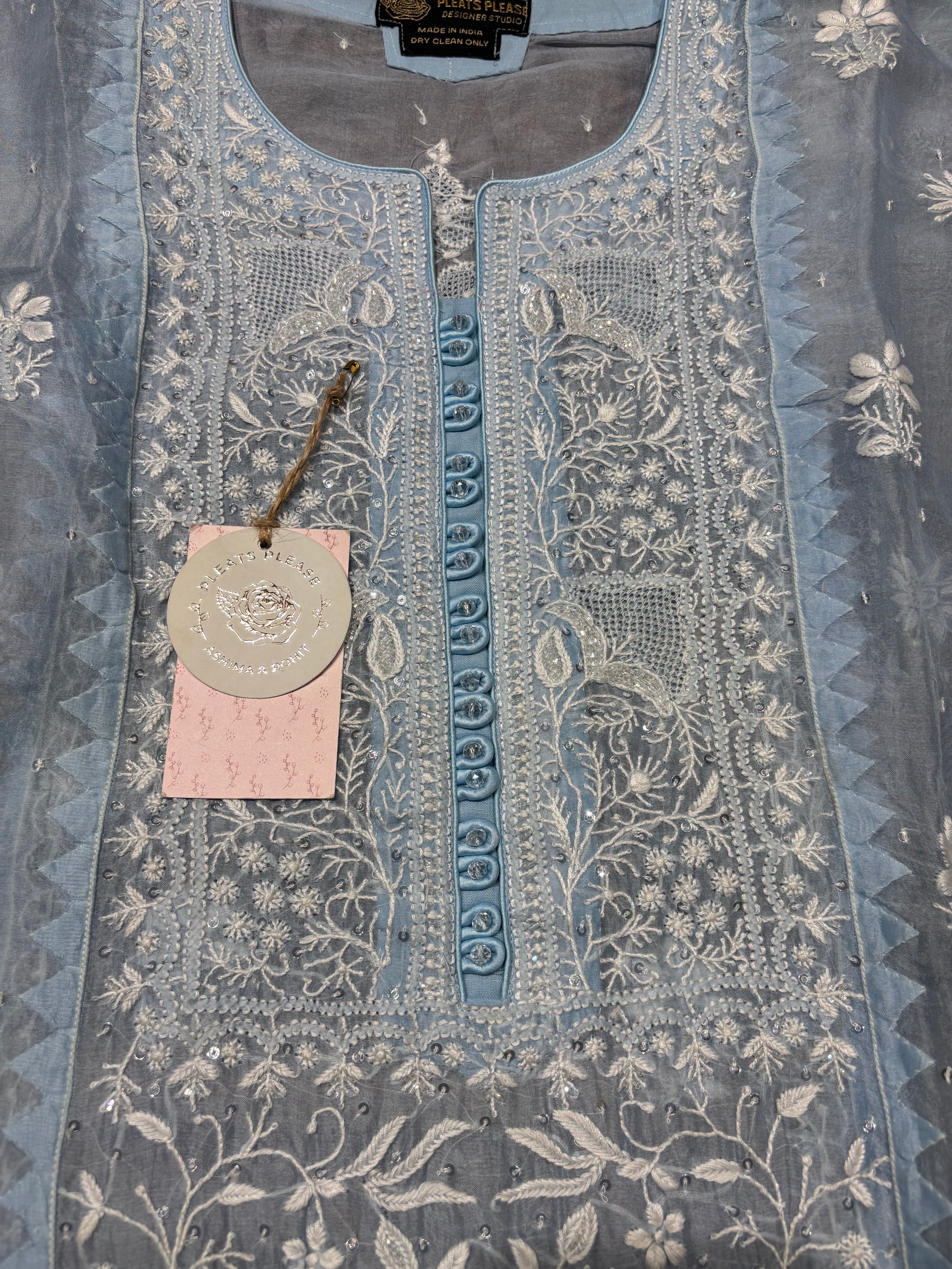 Blue Pure And Premium Organza Silk Chikankari Kurta And Dupatta Set