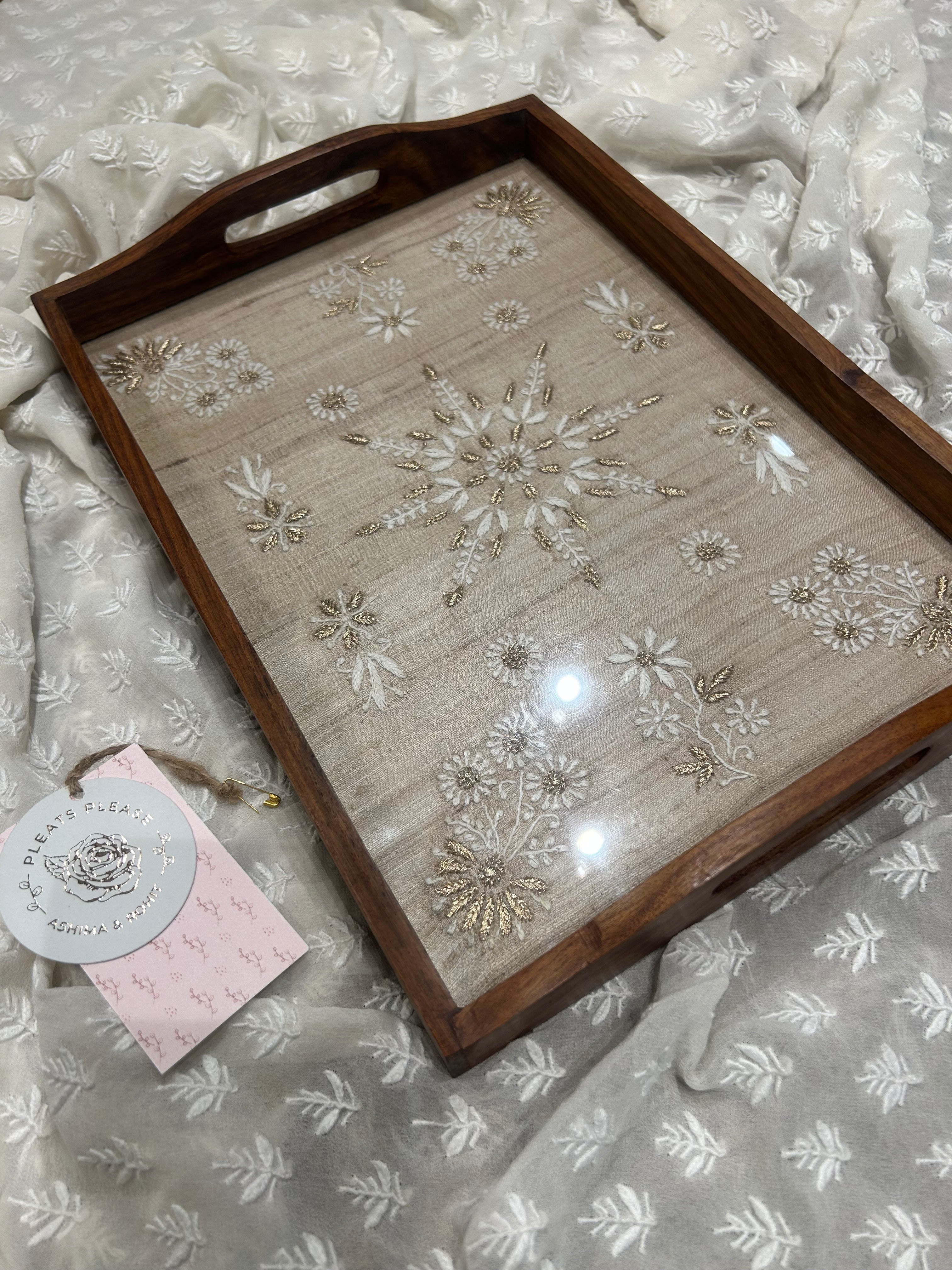 Fawn Silk Rectangle Chikankari Wooden Tray