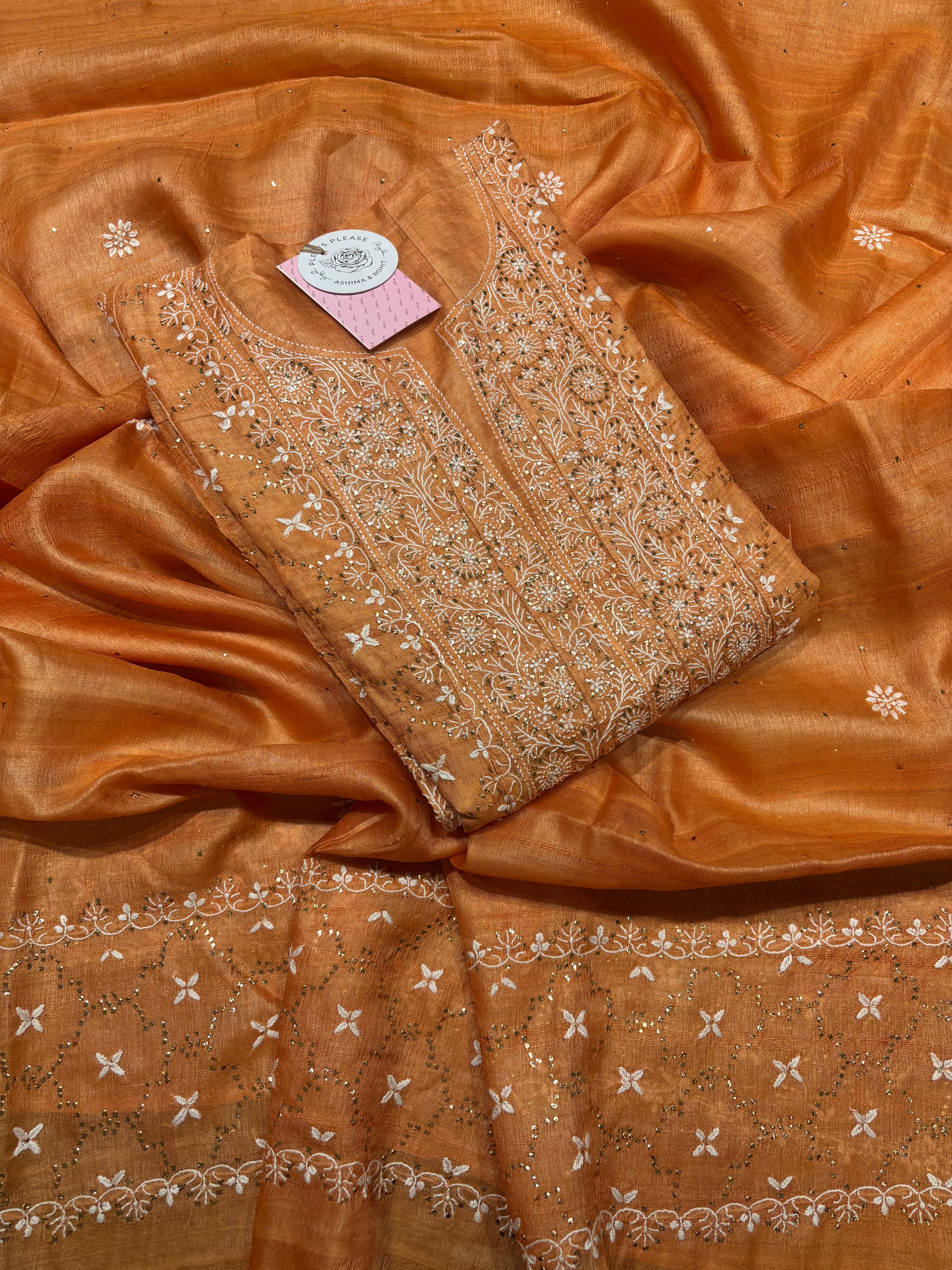Orange Pure And Premium Tussar Silk Chikankari & Mukaish Anarkali and Dupatta Set