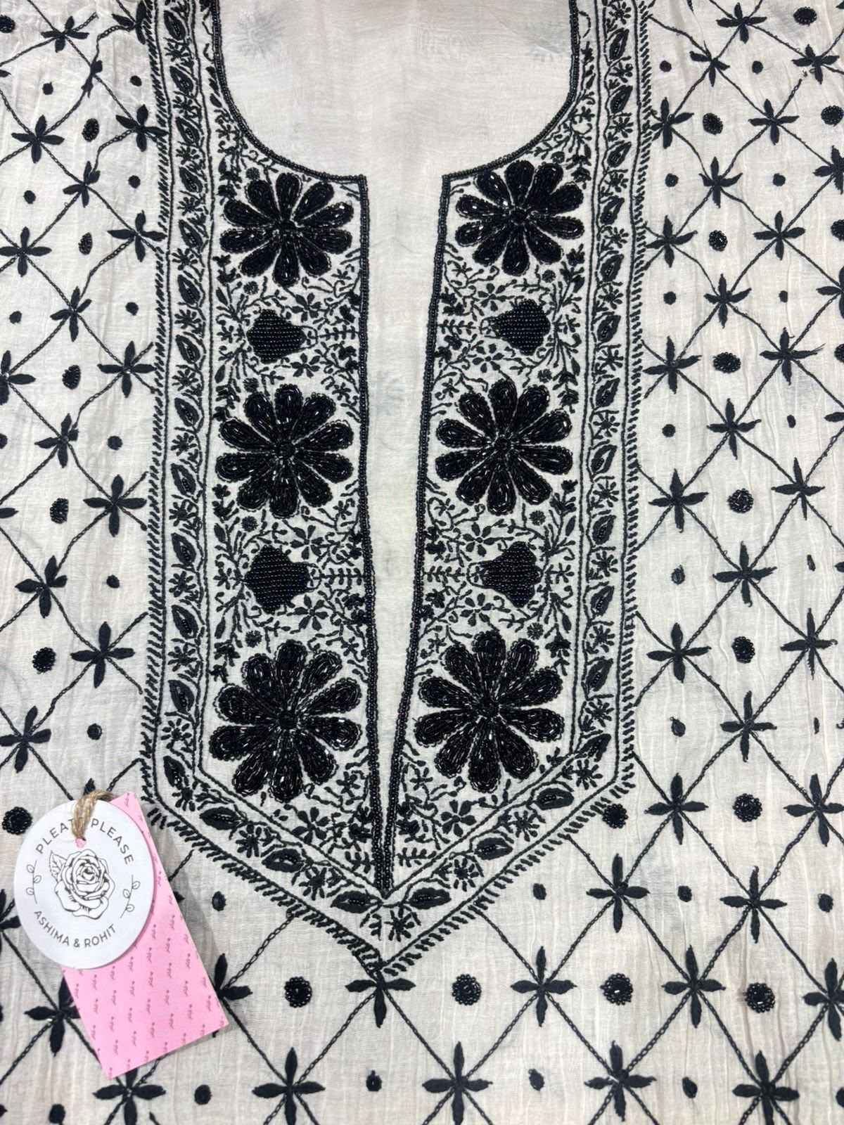 Dyeable Black & White Chanderi Mul Chikankari Kurta & Dupatta