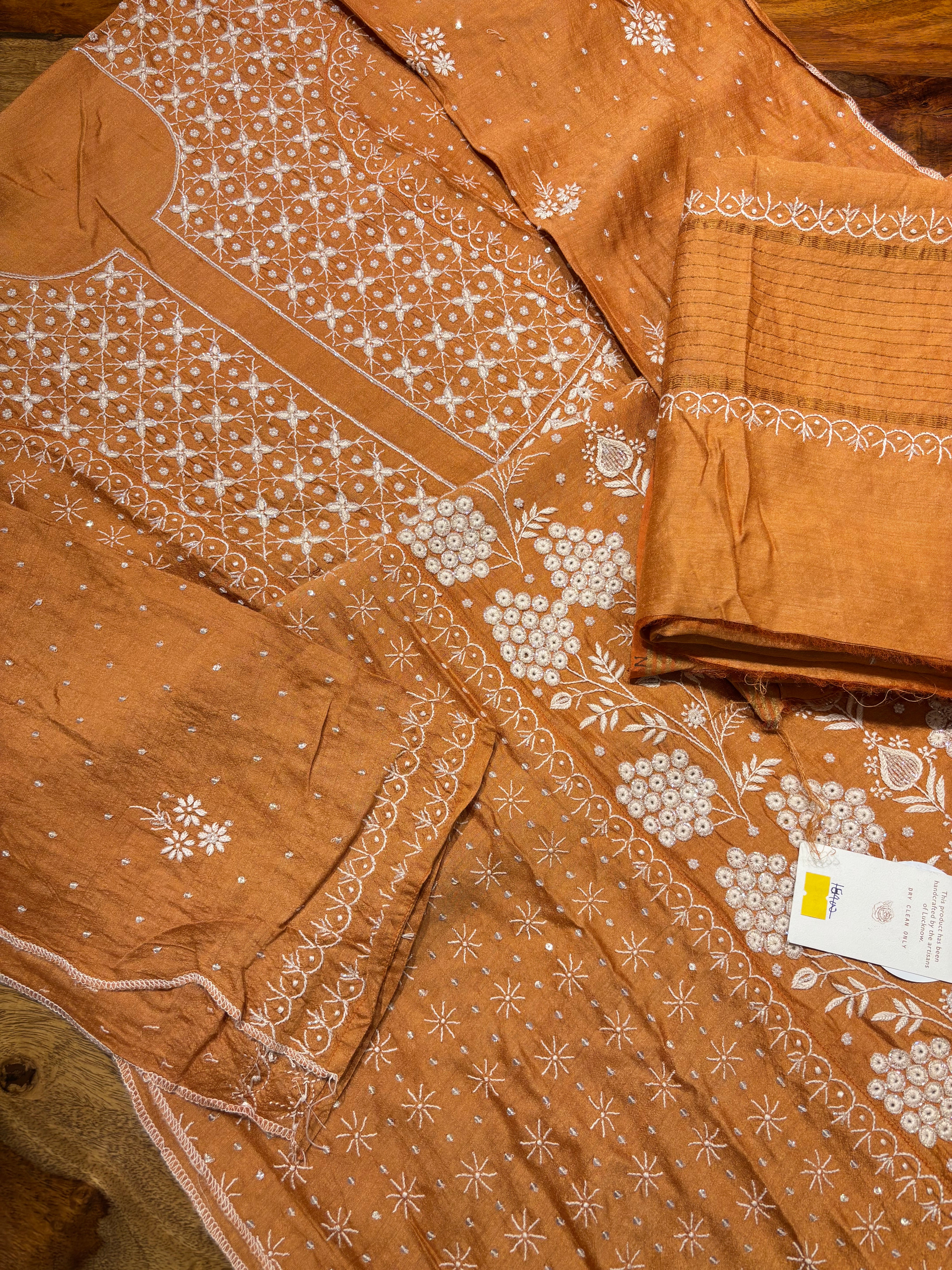 Burnt Orange Pure Monga Silk Chikankari Kurta and Dupatta