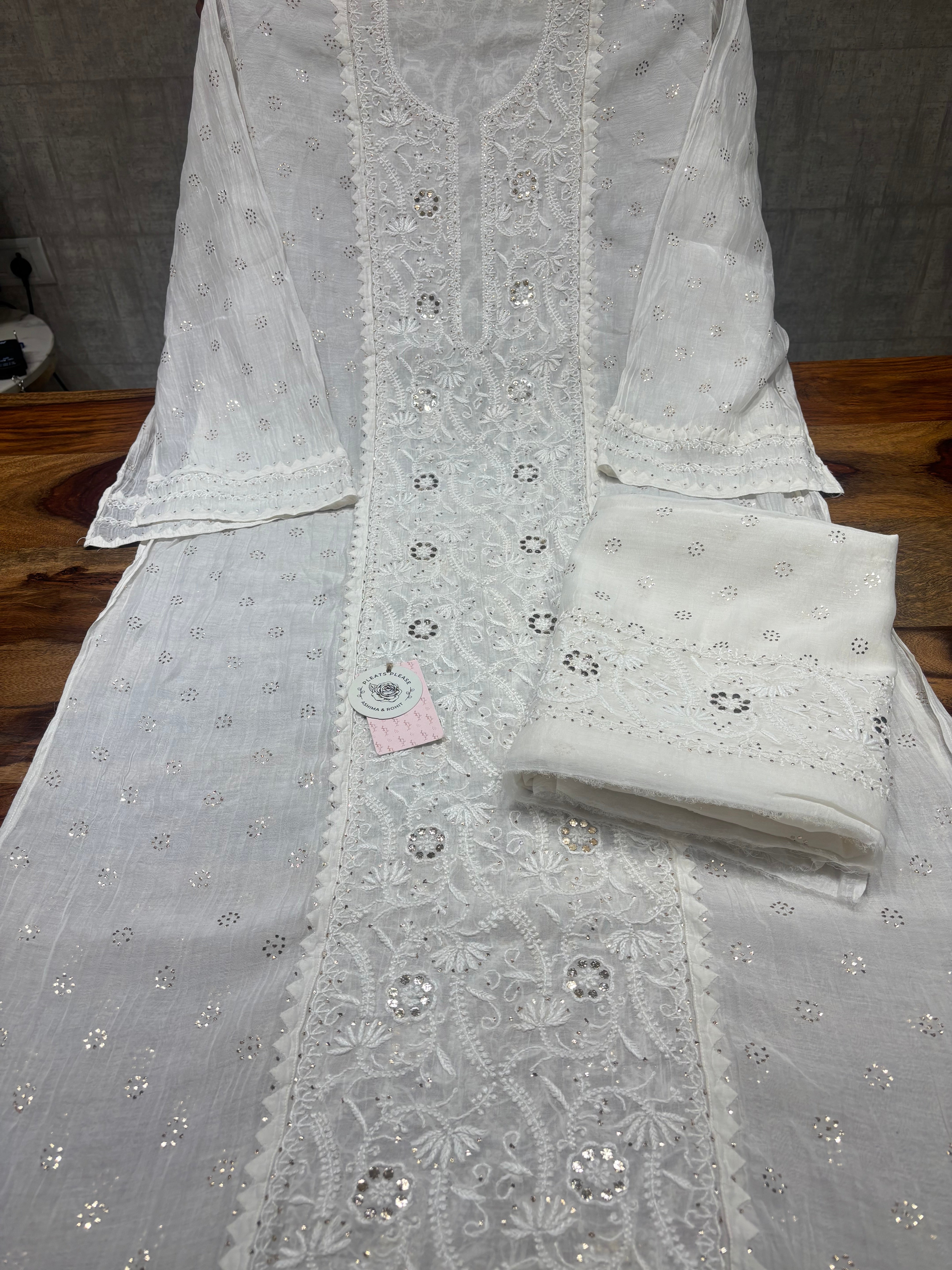 Dyeable Chanderi Mul Chikankari & Mukaish Kurta & Dupatta Set
