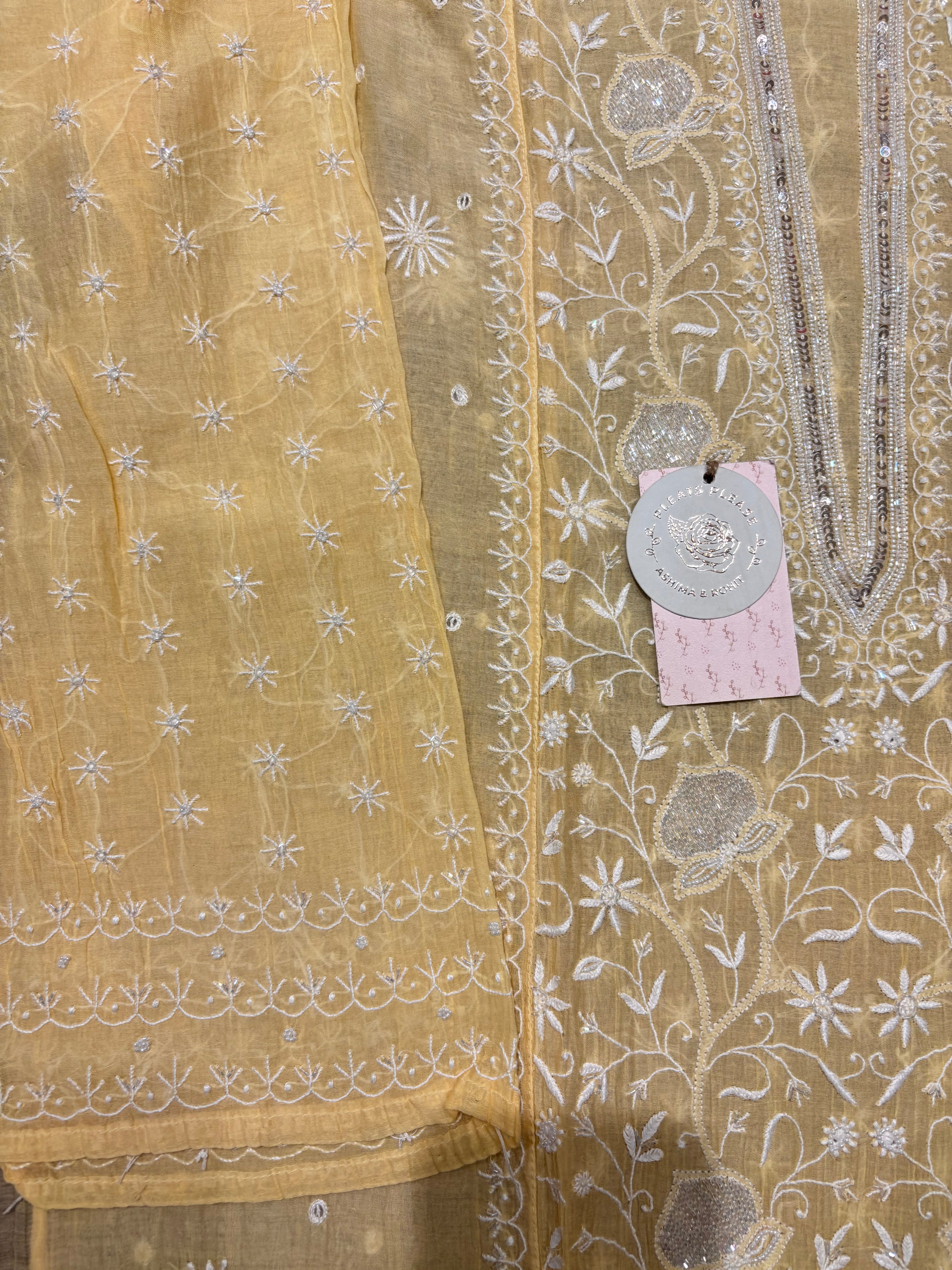 Butter Yellow Chanderi Mul Chikankari Kurta and Dupatta Set