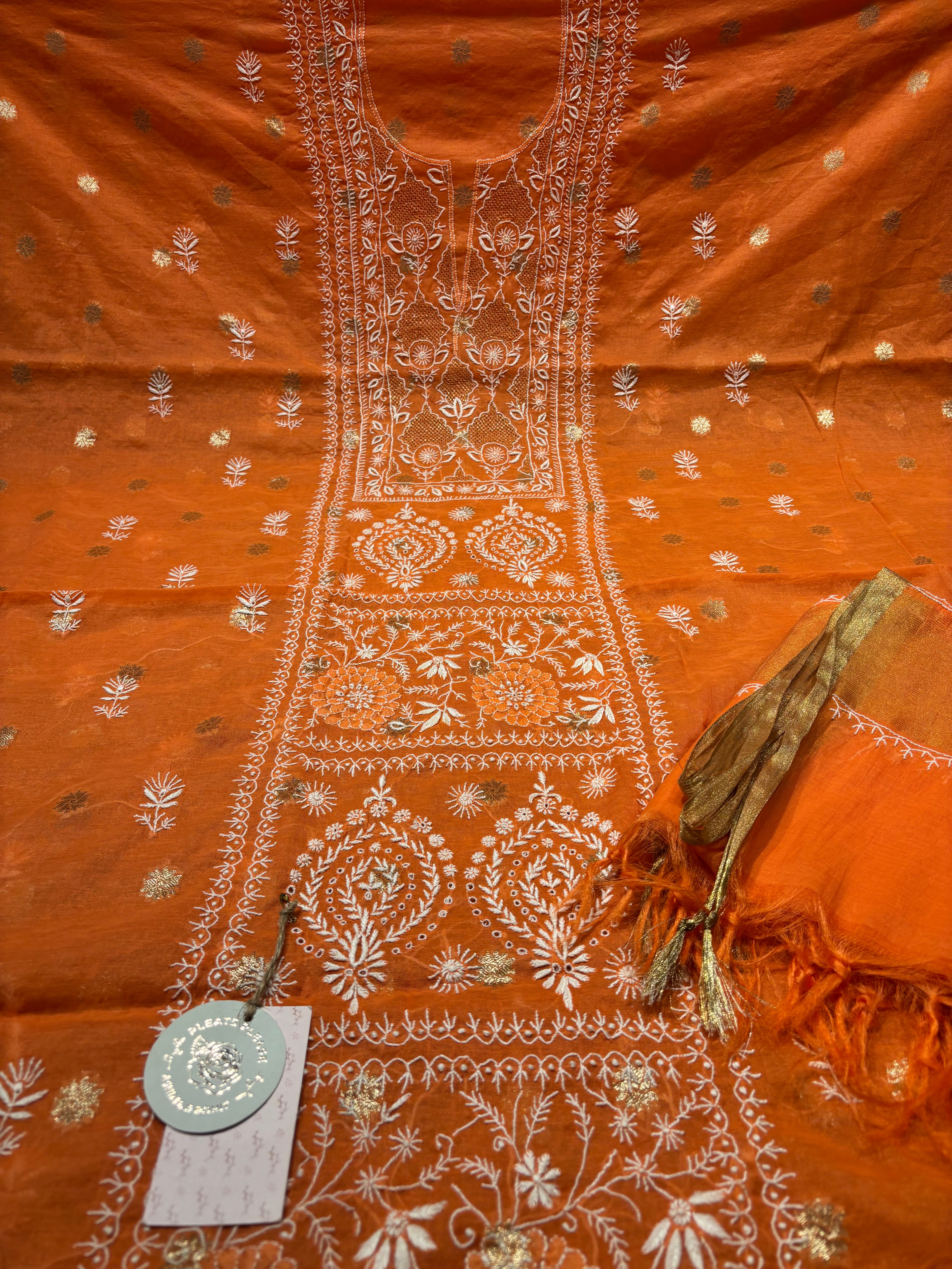 Burnt Orange Chanderi Silk Chikankari Kurta And Dupatta Fabric