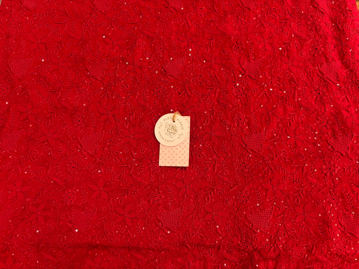 Deep Red Pure & Premium Georgette Chikankari Kurta, Dupatta With Bottom