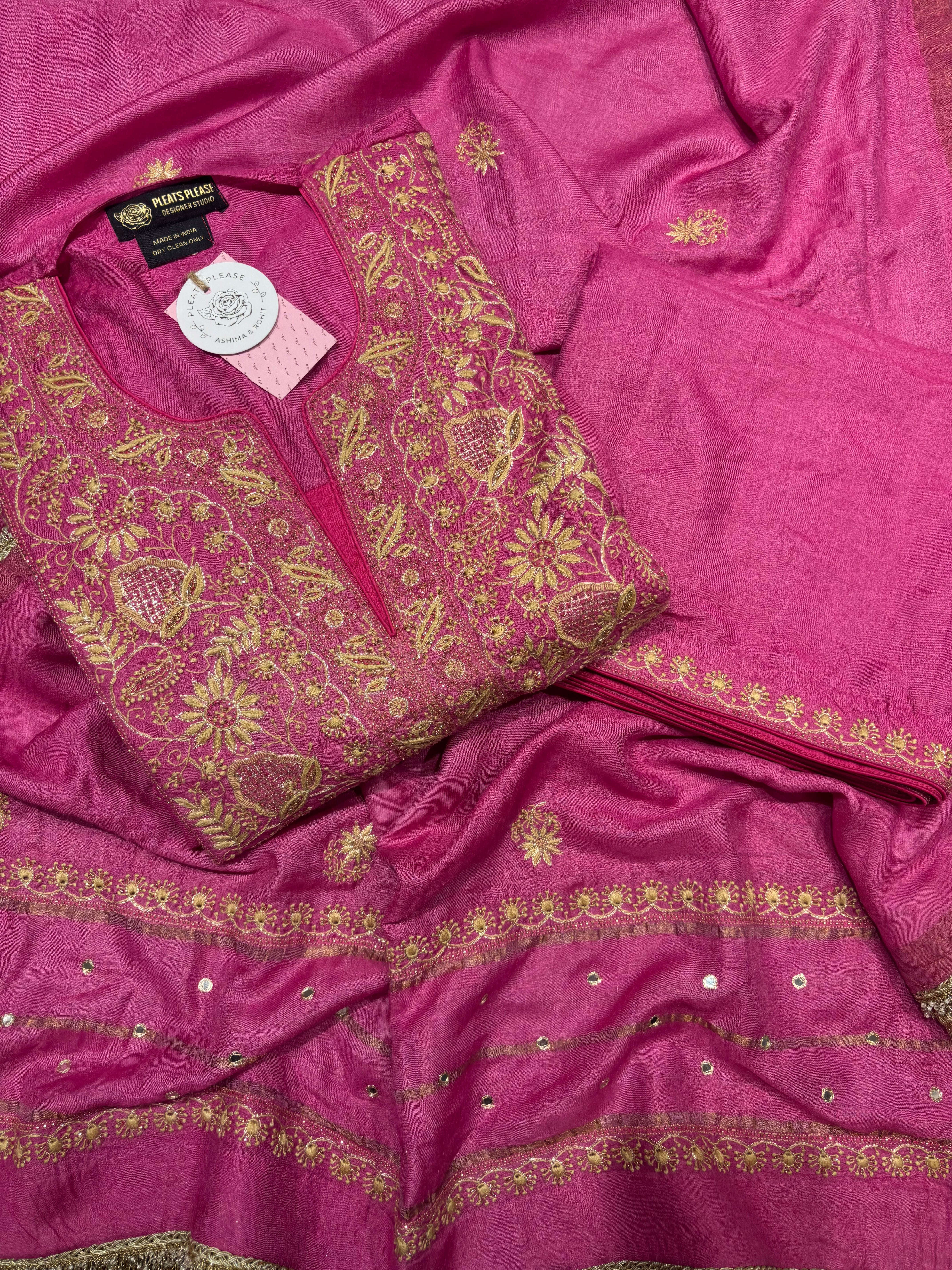 Magenta Pink Pure & Premium Monga Silk Chikankari Kurta, Dupatta & Bottom Fabric