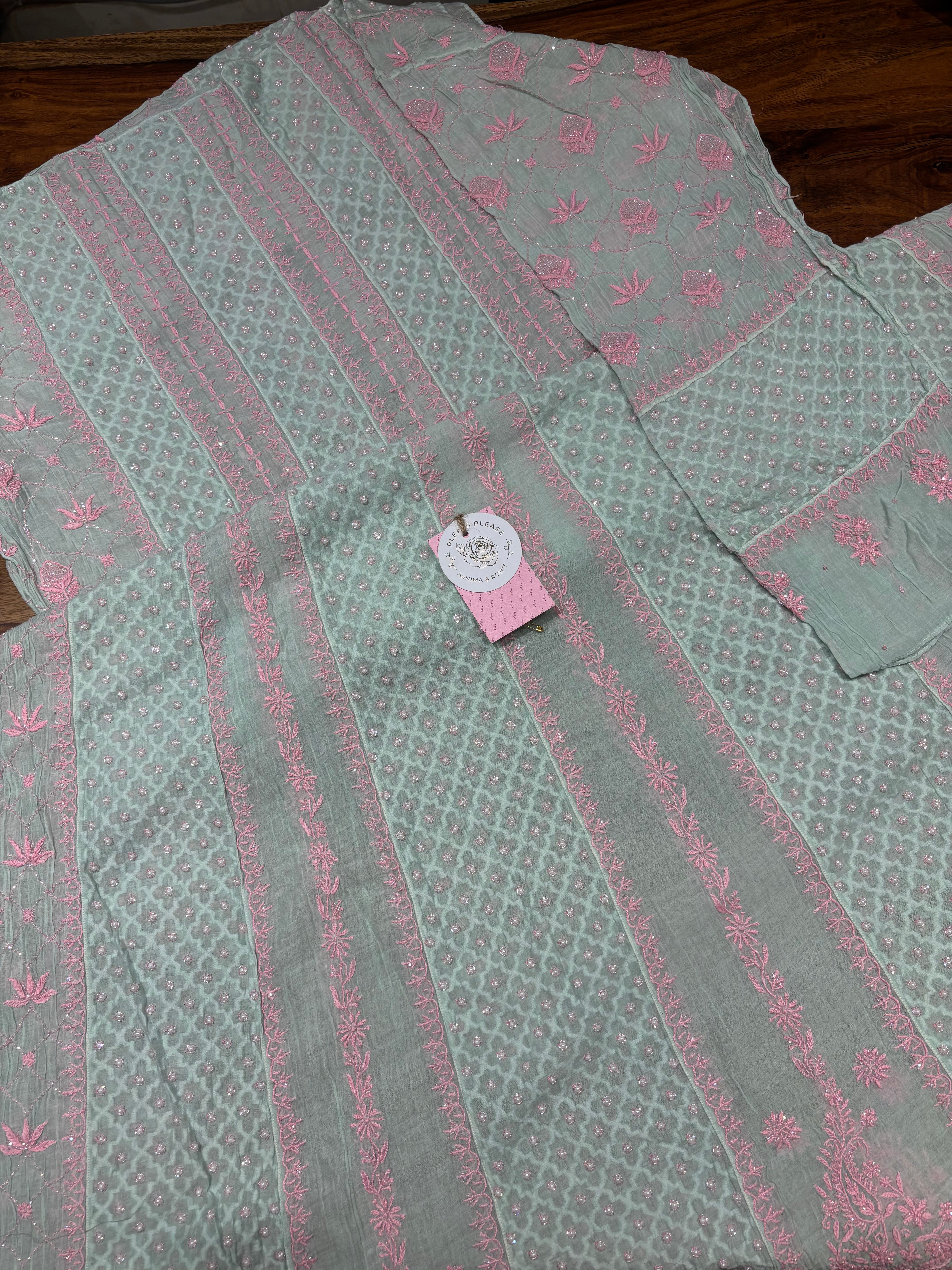 Mint Green Chanderi Mul Chikankari Anarkali & Dupatta Set