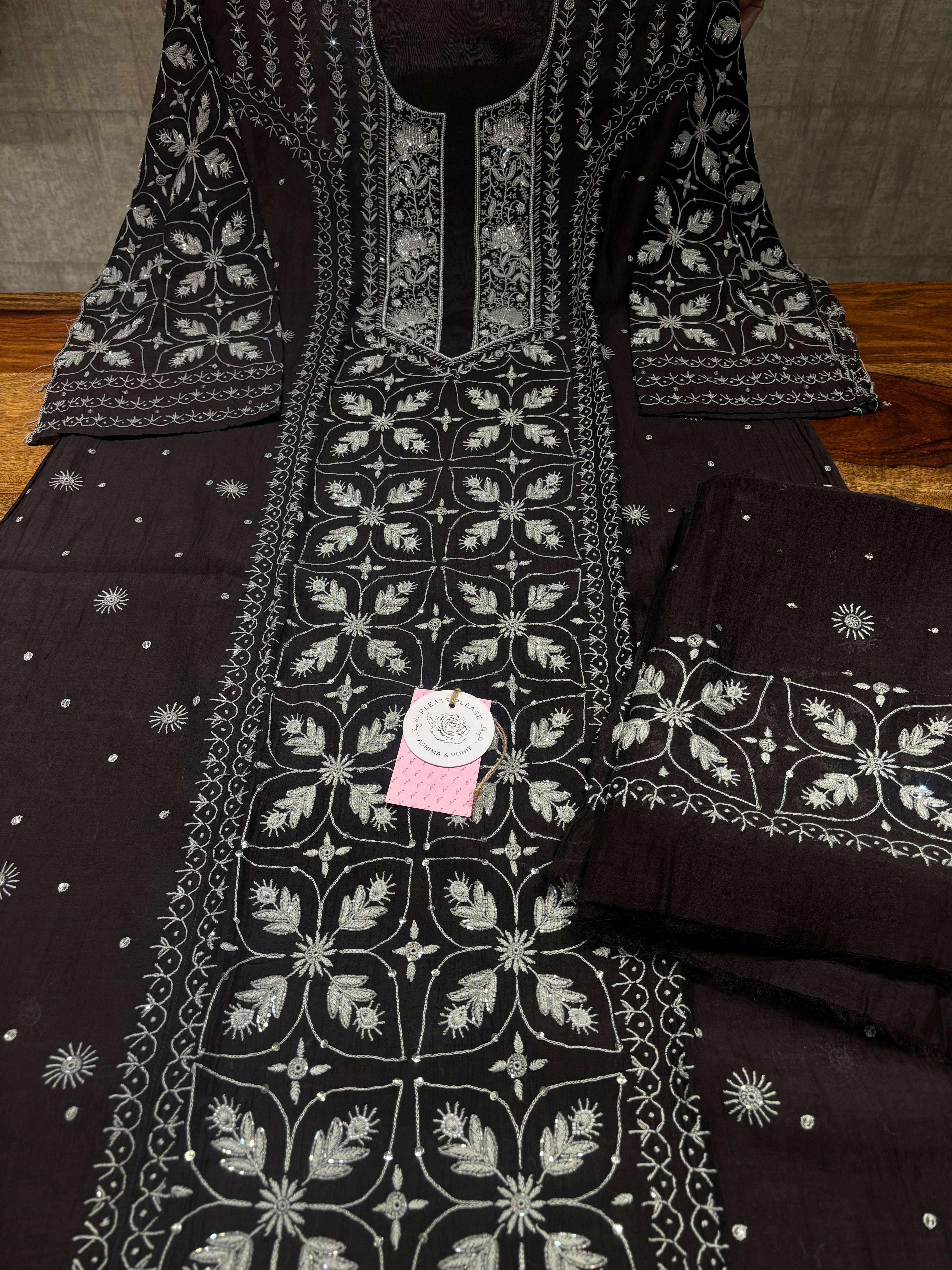 Black Chanderi Mul Chikankari Kurta & Dupatta Set