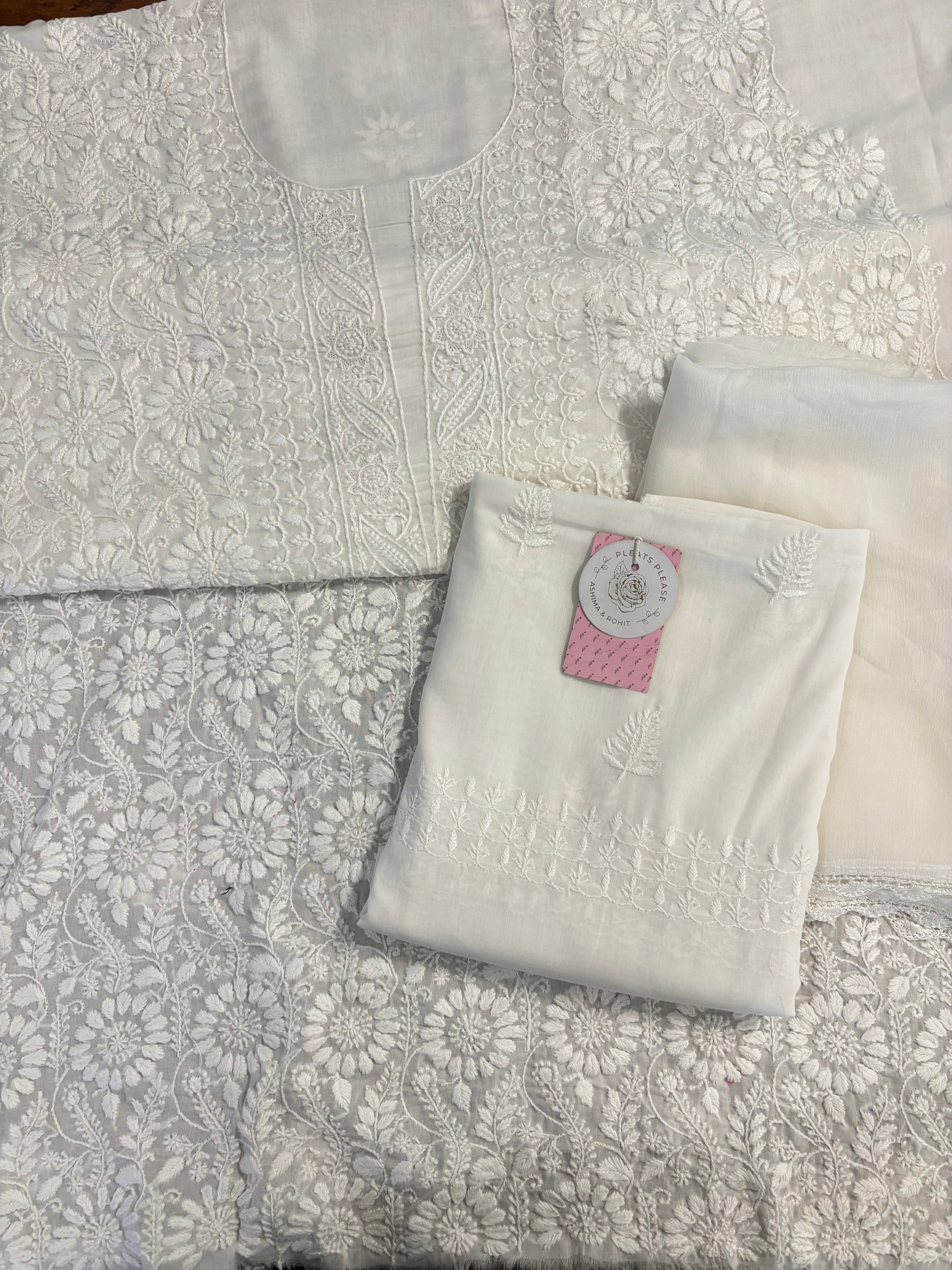 White Cotton Chikankari Kurta, Dupatta With Bottom