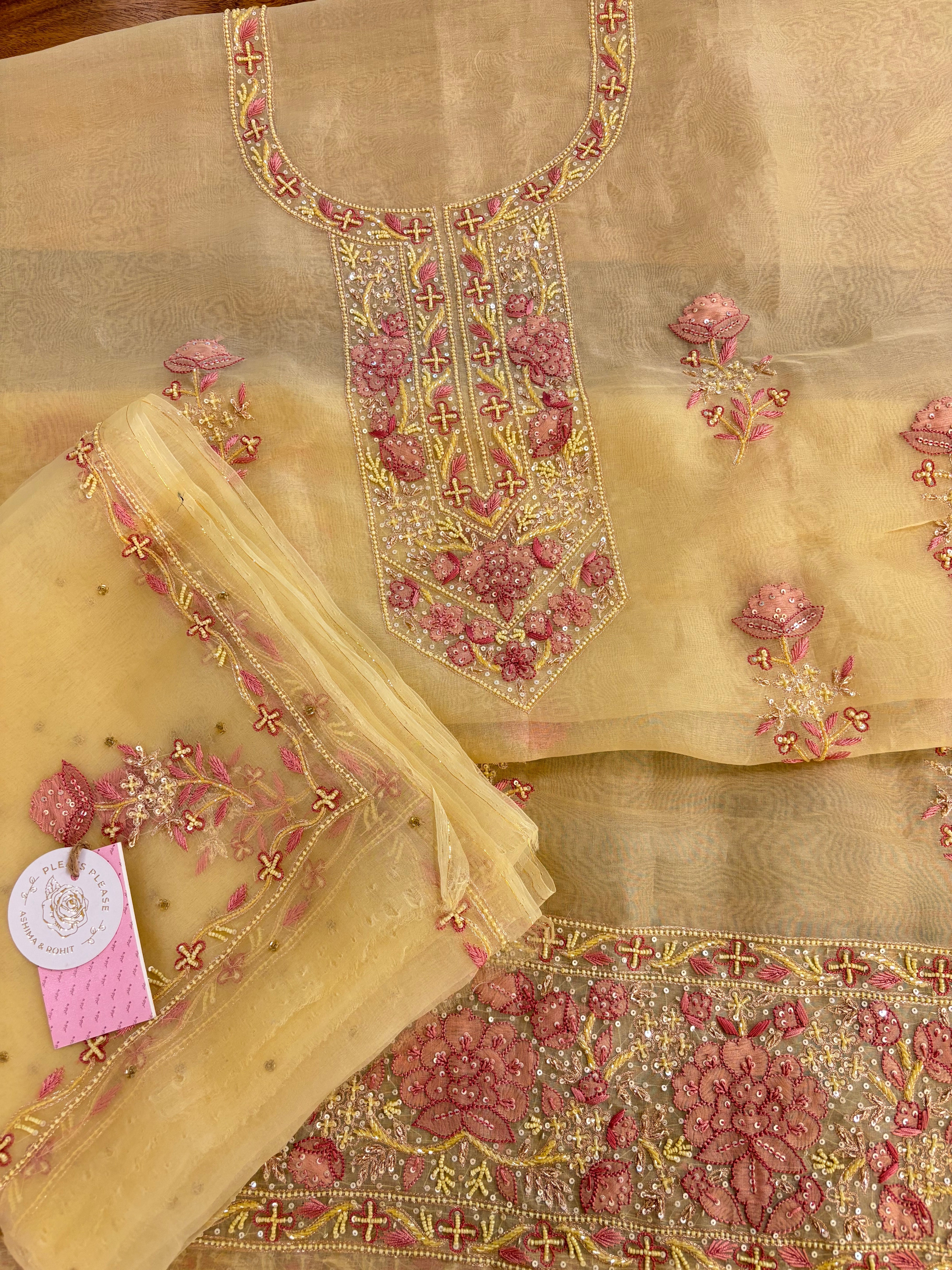 Butter Yellow Pure Organza Chikankari Kurta & Dupatta - Pleats PleaseChikankari