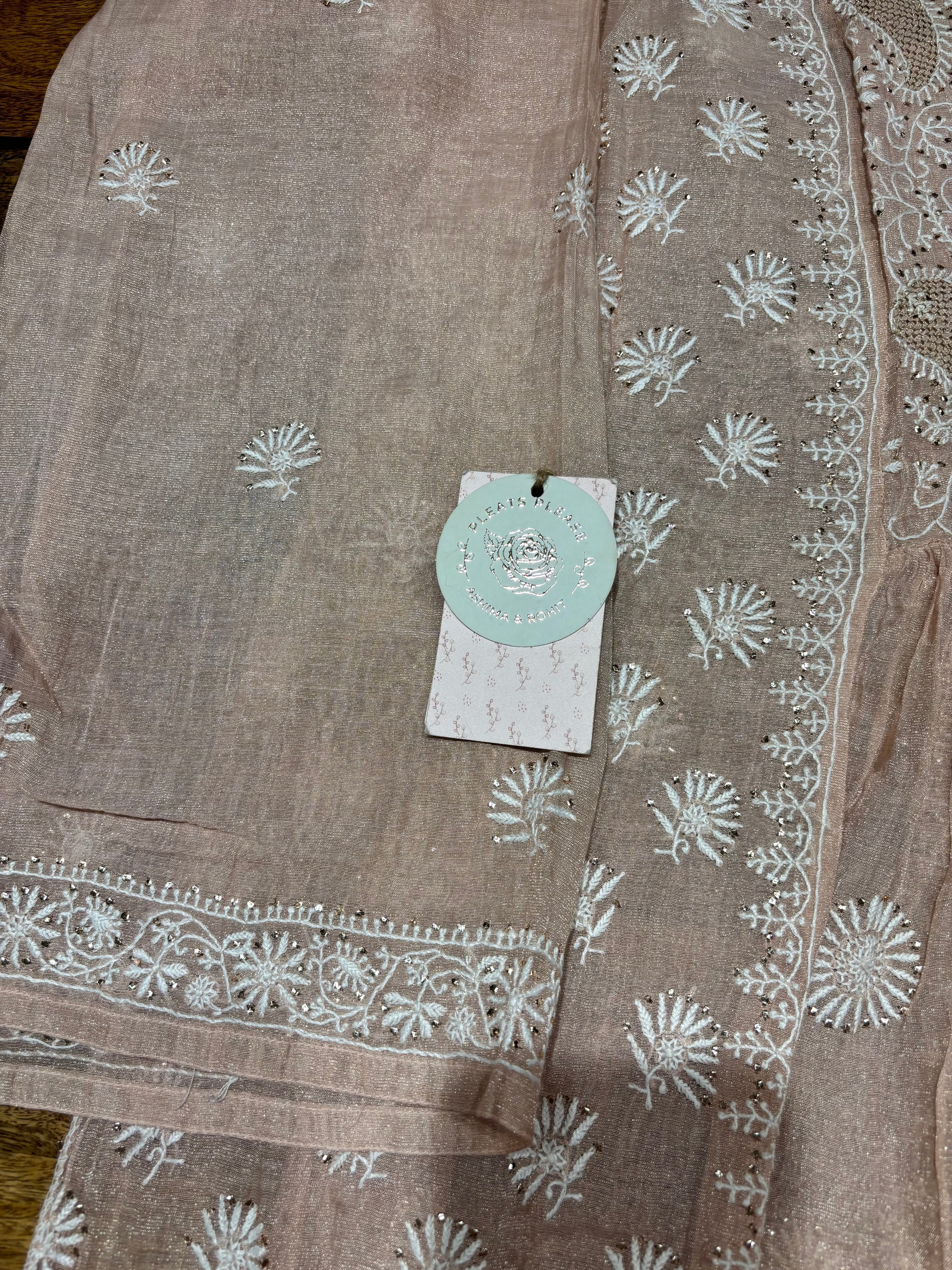 Peach Pure & Premium Tissue Chikankari Angrakha Kurta & Dupatta Set
