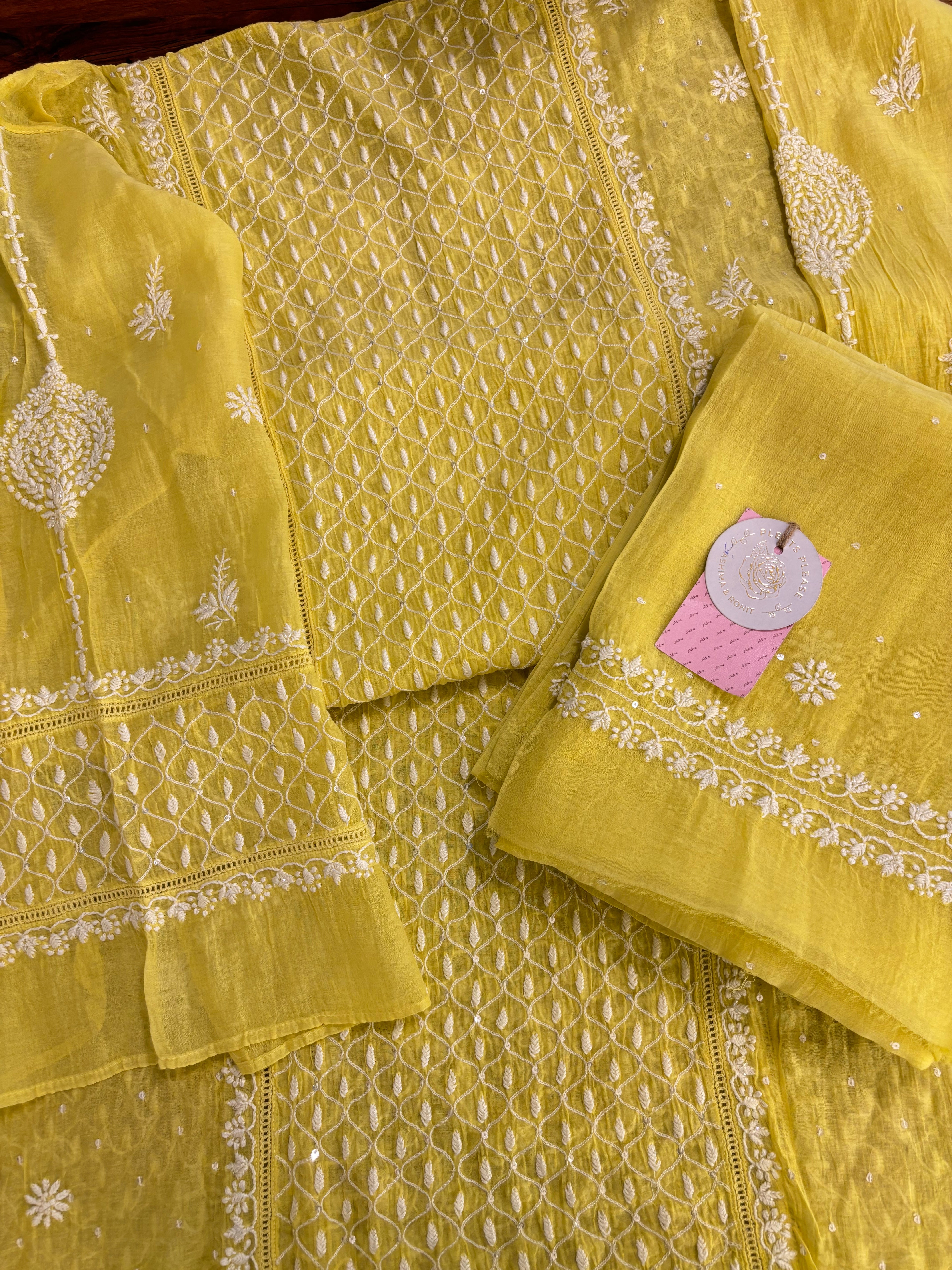 Lemon Yellow Chanderi Chikankari Kurta & Dupatta
