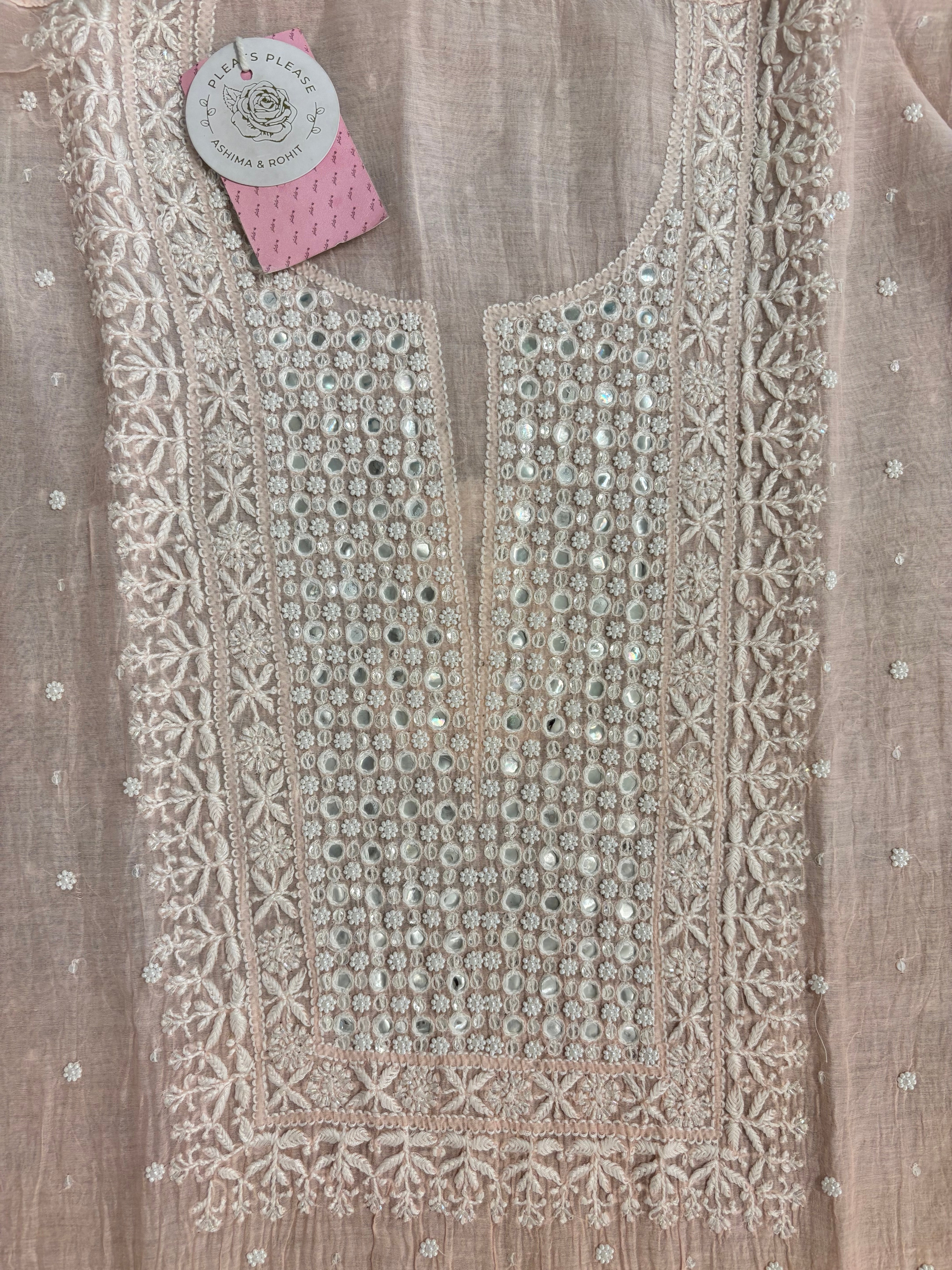Pastel Peach Pure Chanderi Ombre Chikankari Kurta & Dupatta Set - Pleats PleaseChikankari