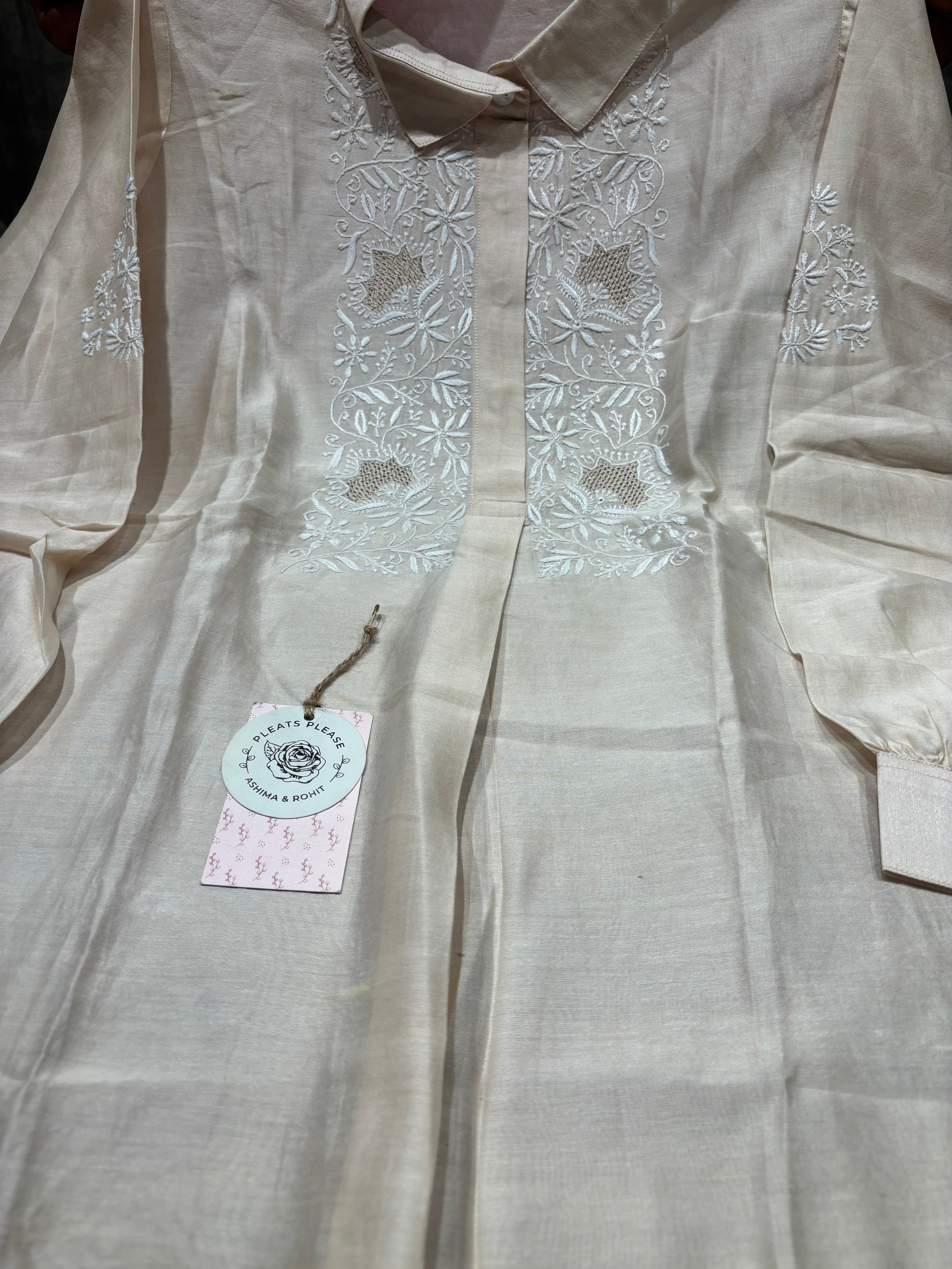 Coffee Cream Chanderi Silk Chikankari Shirt