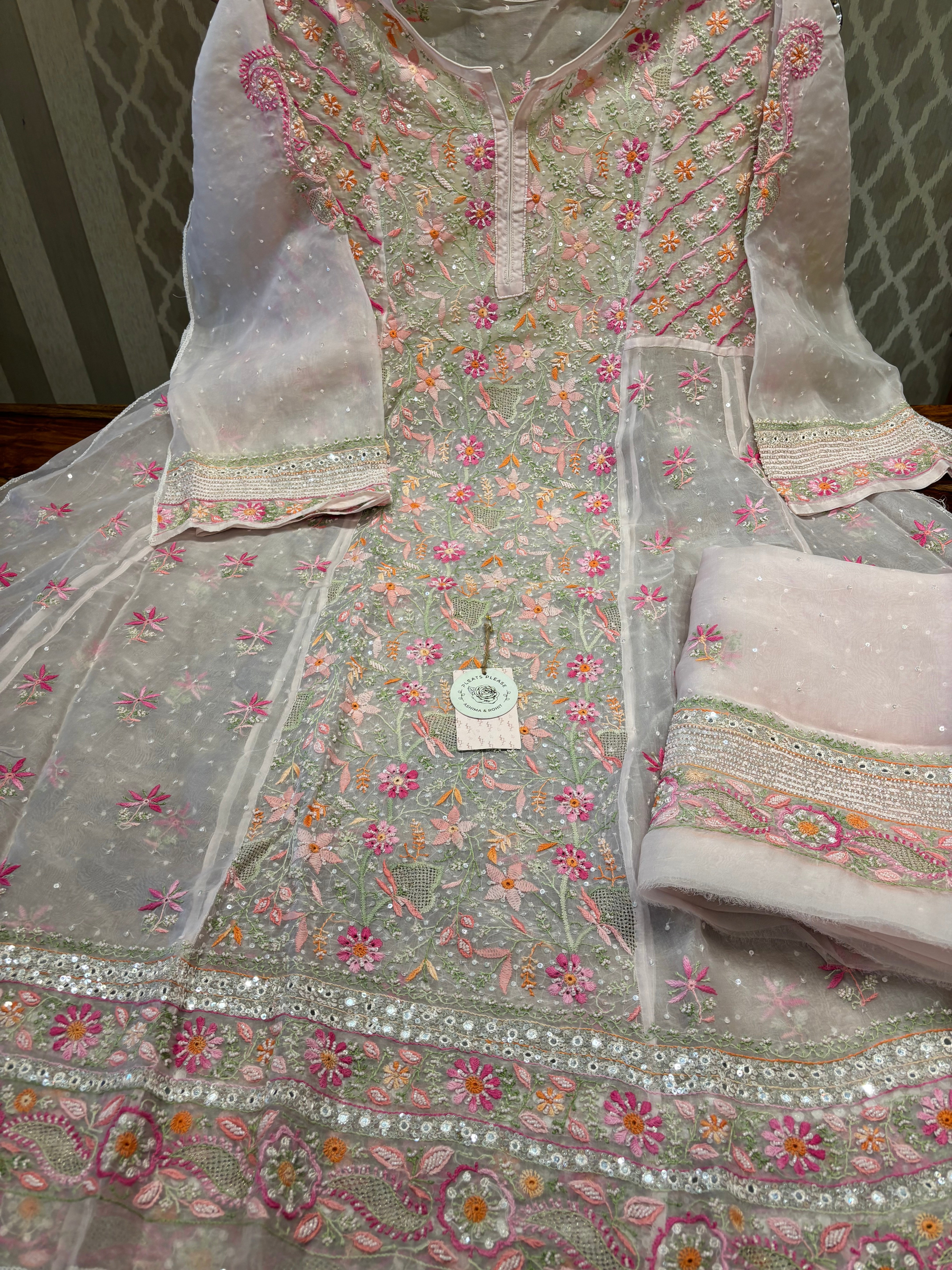 Pink Organza Chikankari Anarkali and Dupatta set