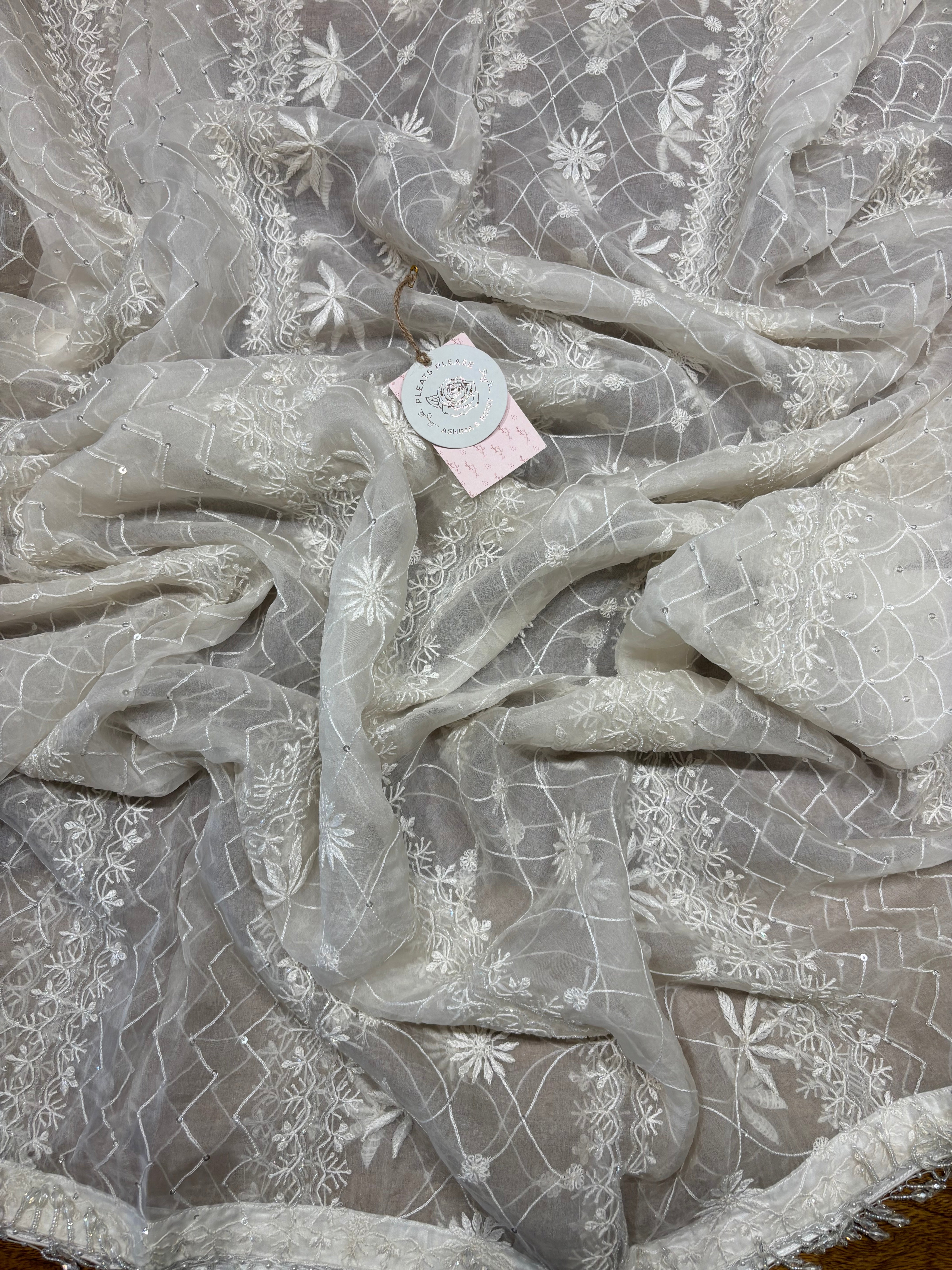 Dyeable Pure Organza Silk Chikankari Anarkali and Dupatta set