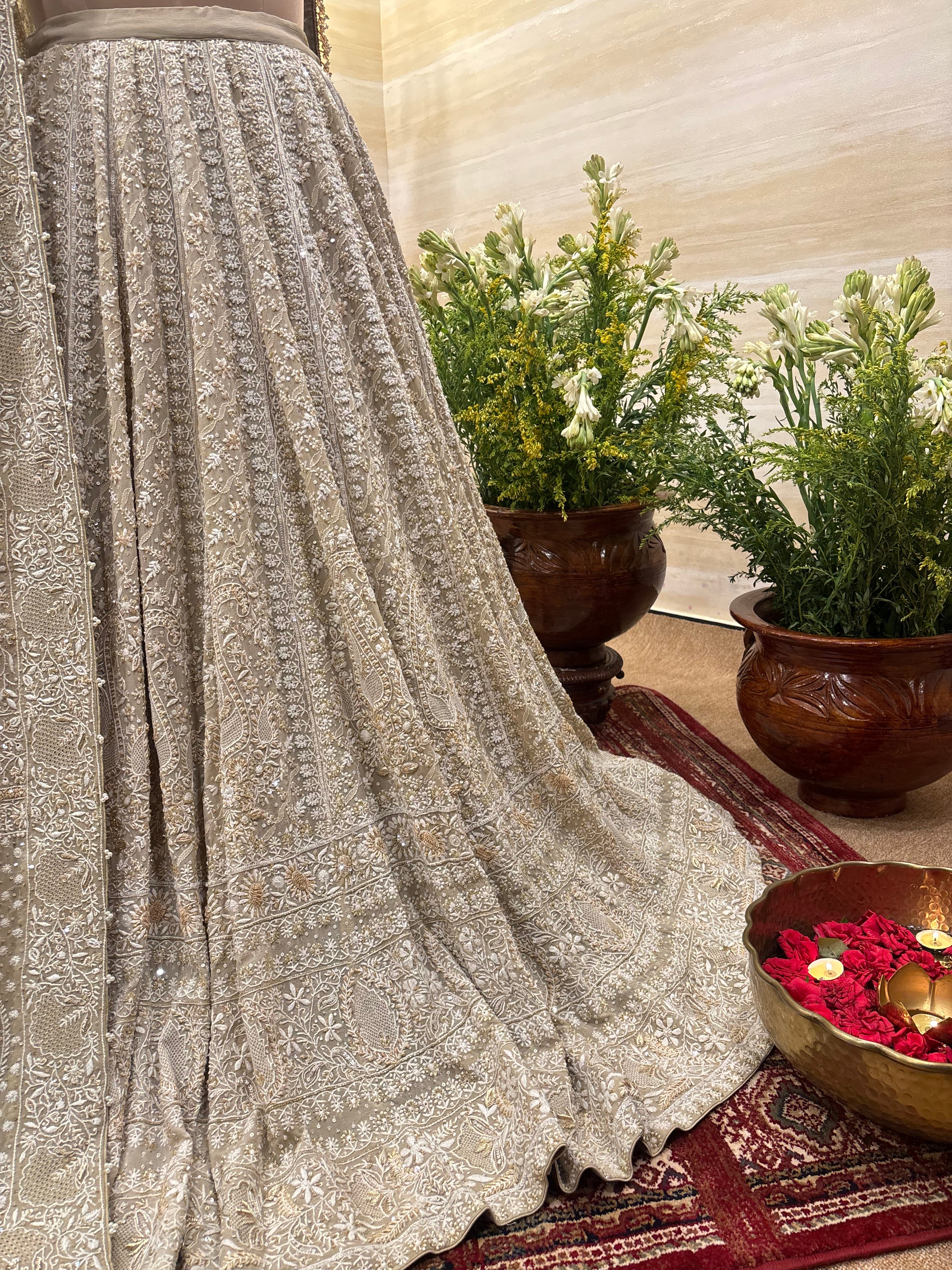 Brown Pure & Premium Georgette Chikankari Lehenga Set