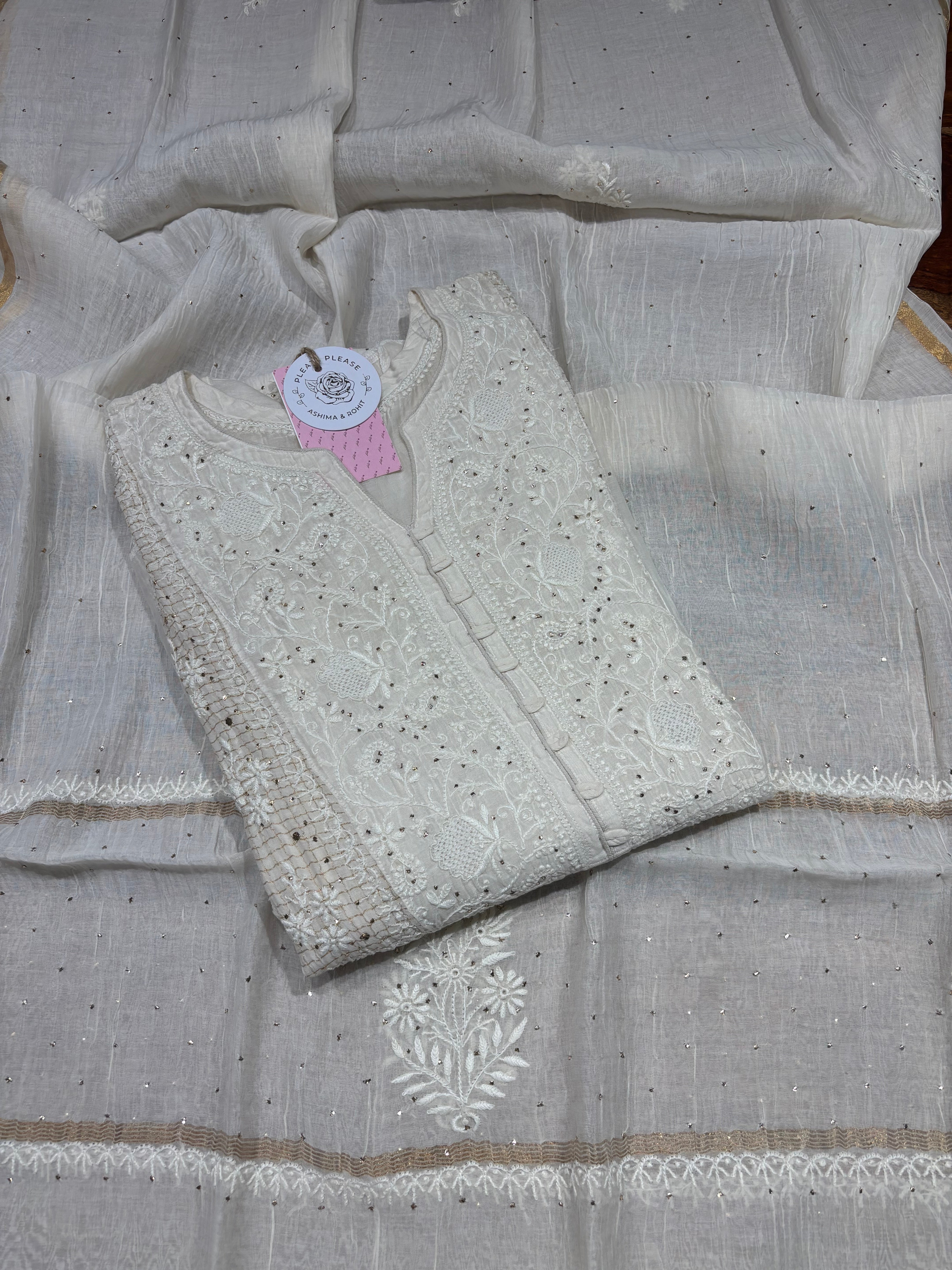 Dyeable Chanderi Mul Chikankari & Mukaish Kurta & Dupatta Set