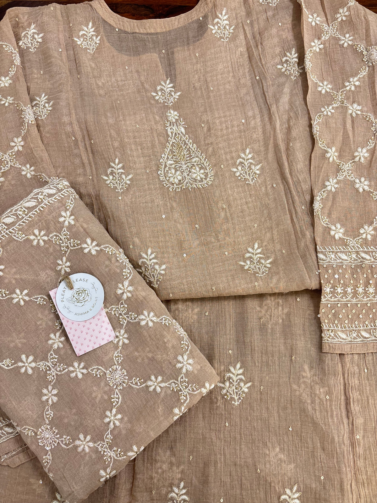 Dusty Peach Pure & Premium Tissue Chikankari Kurta & Dupatta