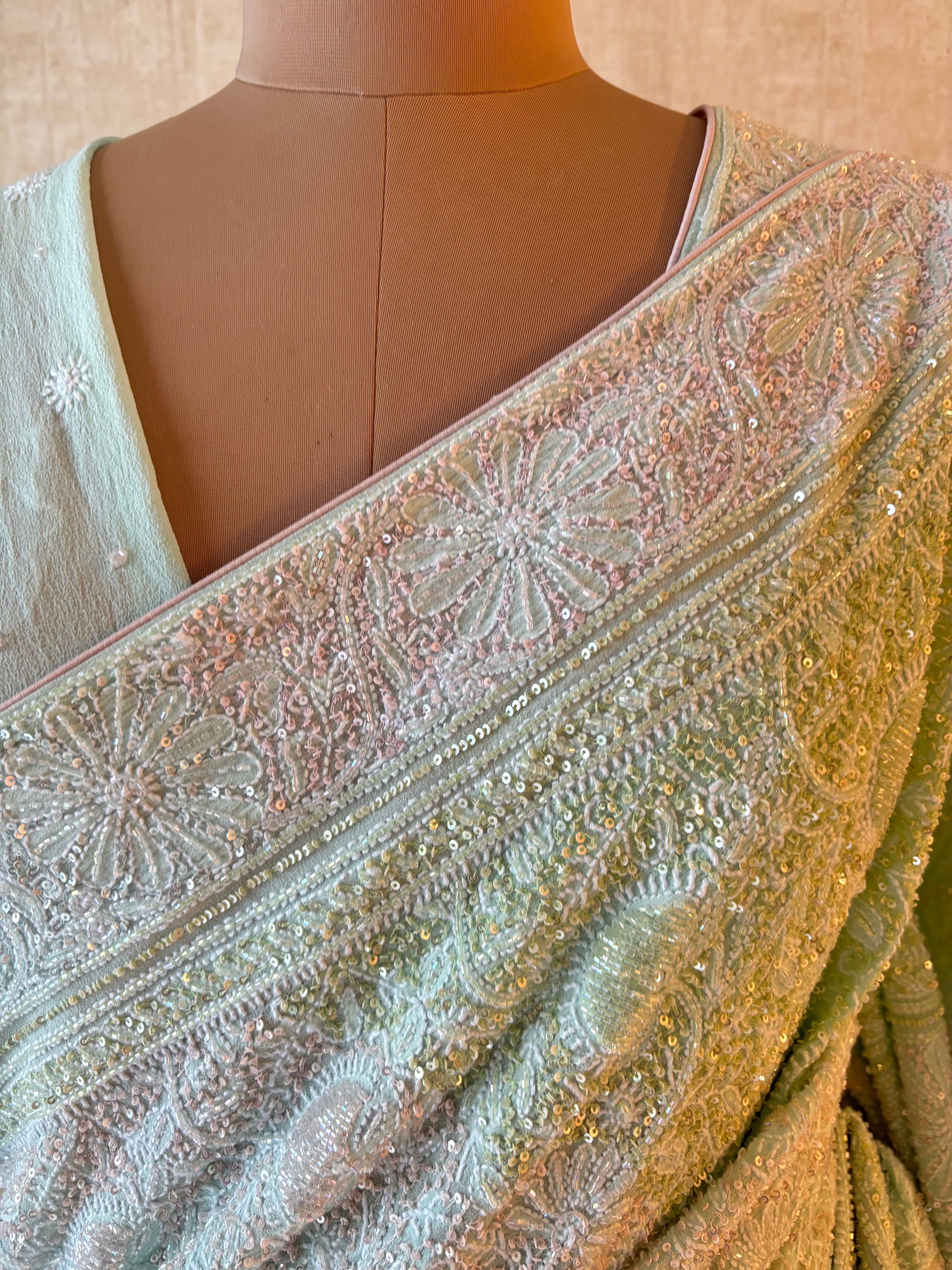 Aqua Blue Pure & Premium Georgette Chikankari Saree & Blouse