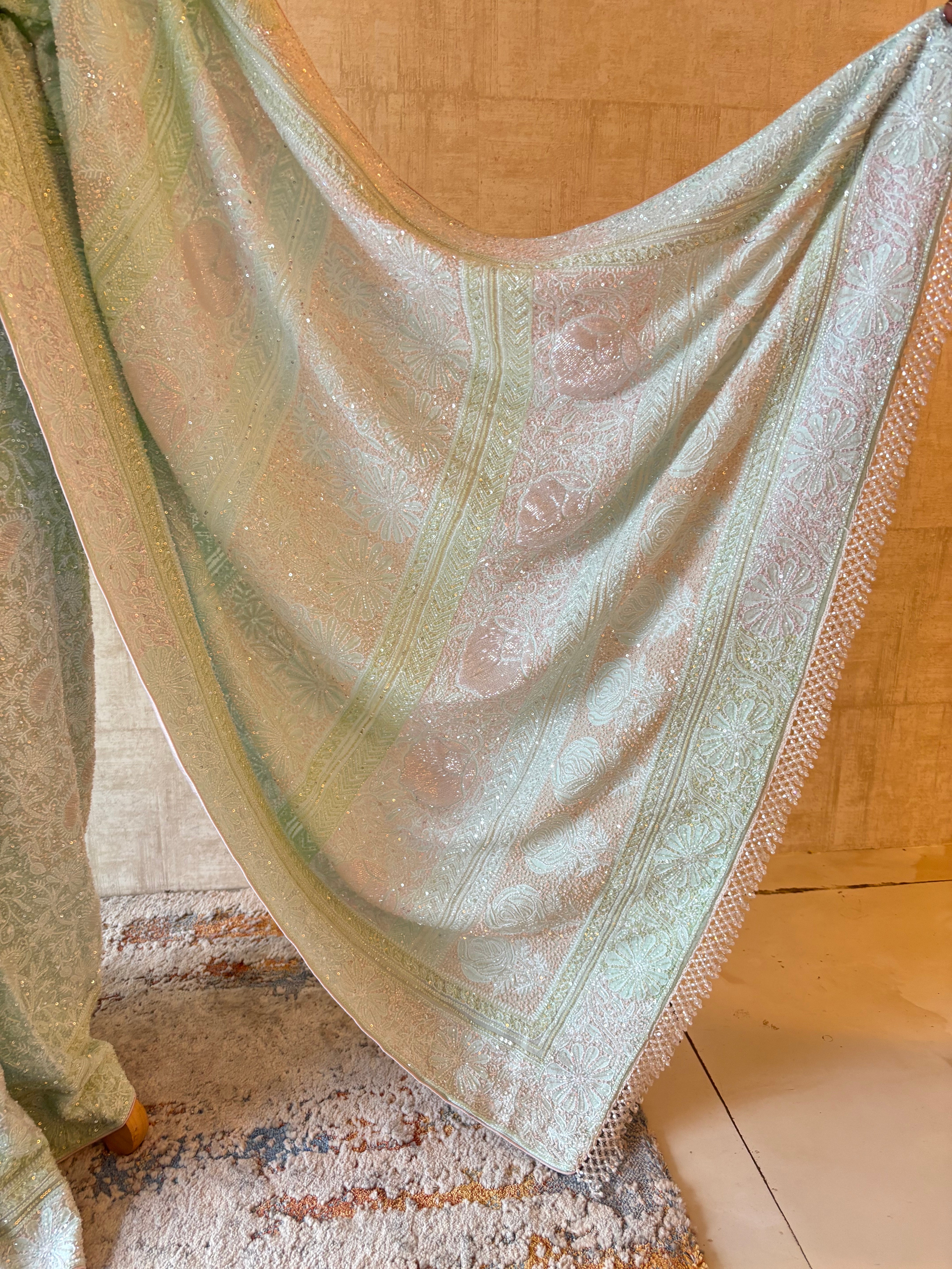 Aqua Blue Pure & Premium Georgette Chikankari Saree & Blouse