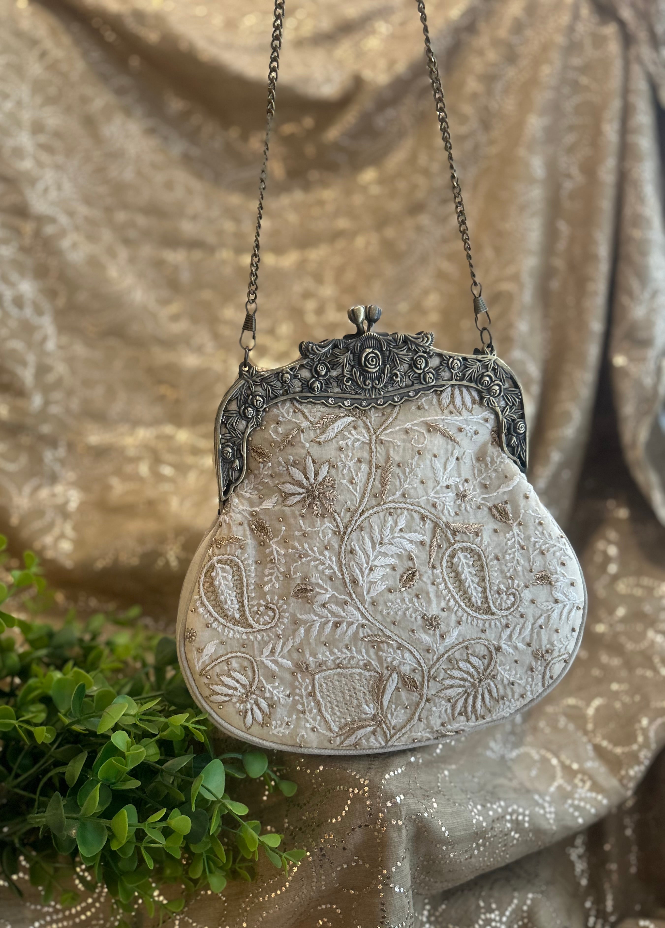 Ivory Chikankari Clutch Bag