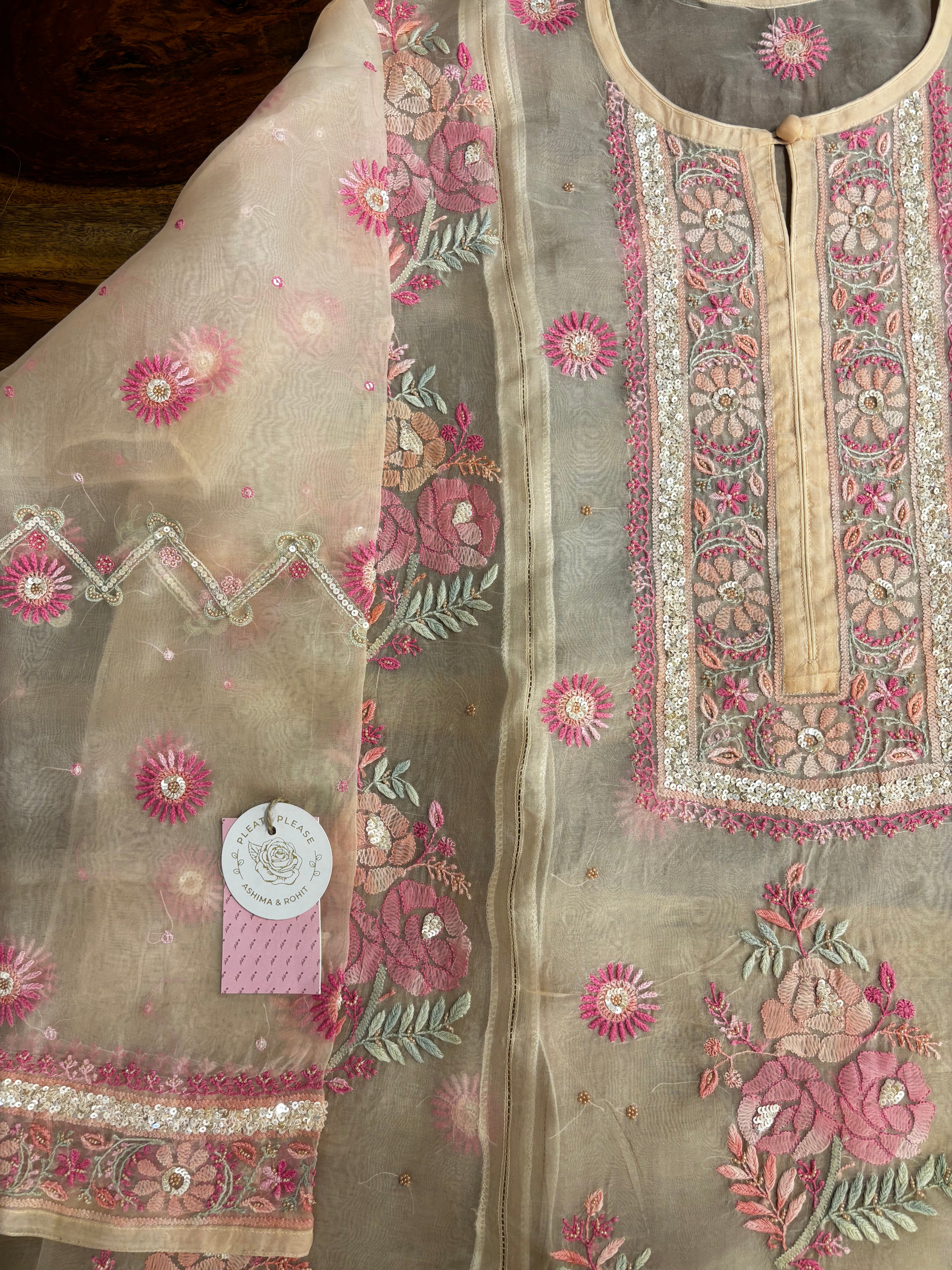 Pastle Peach Pure Organza Chikankari Kurta & Dupatta - Pleats PleaseChikankari
