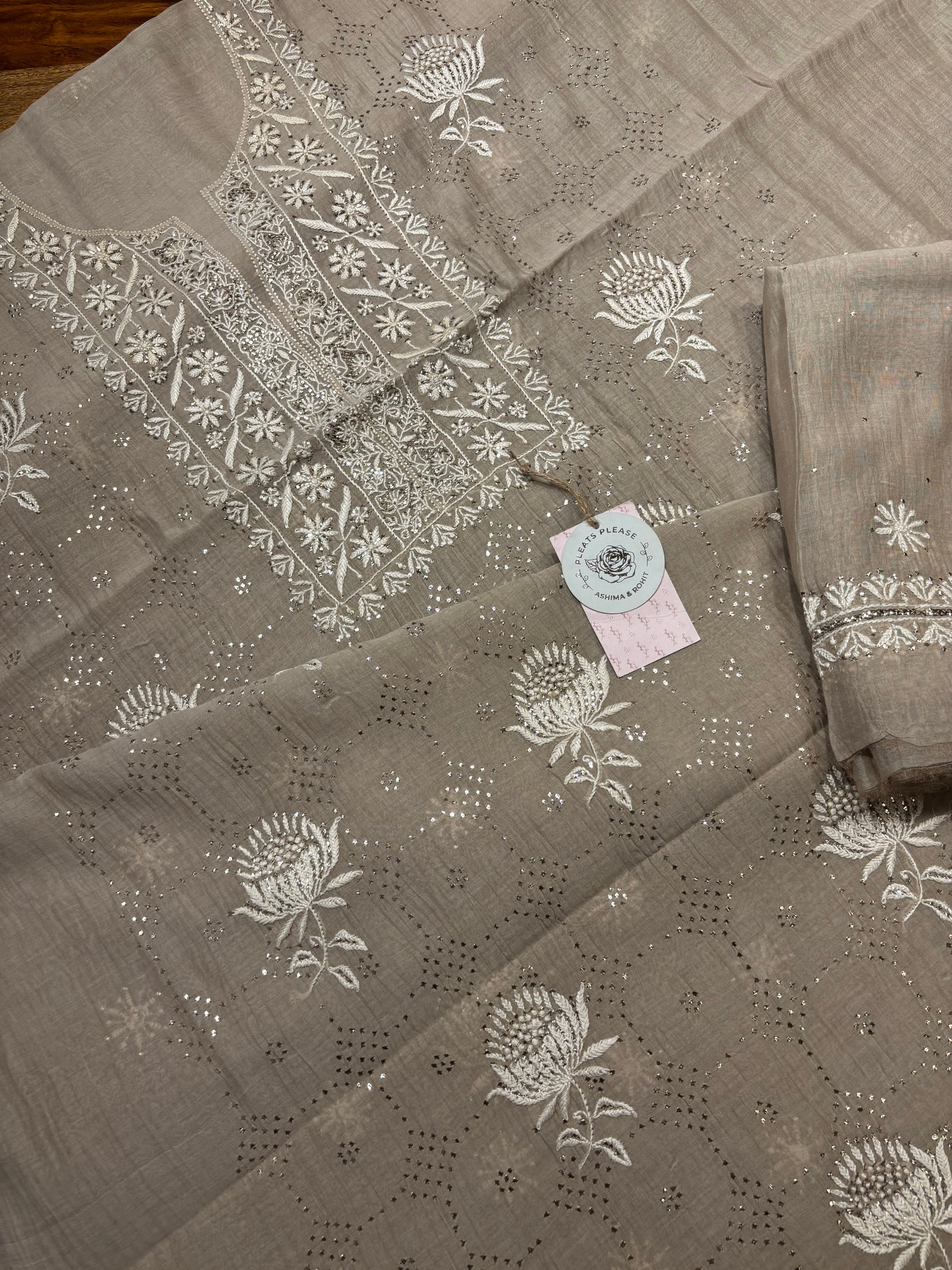 Mocha mousse Chanderi Mul Chikankari kurta and Dupatta Fabric