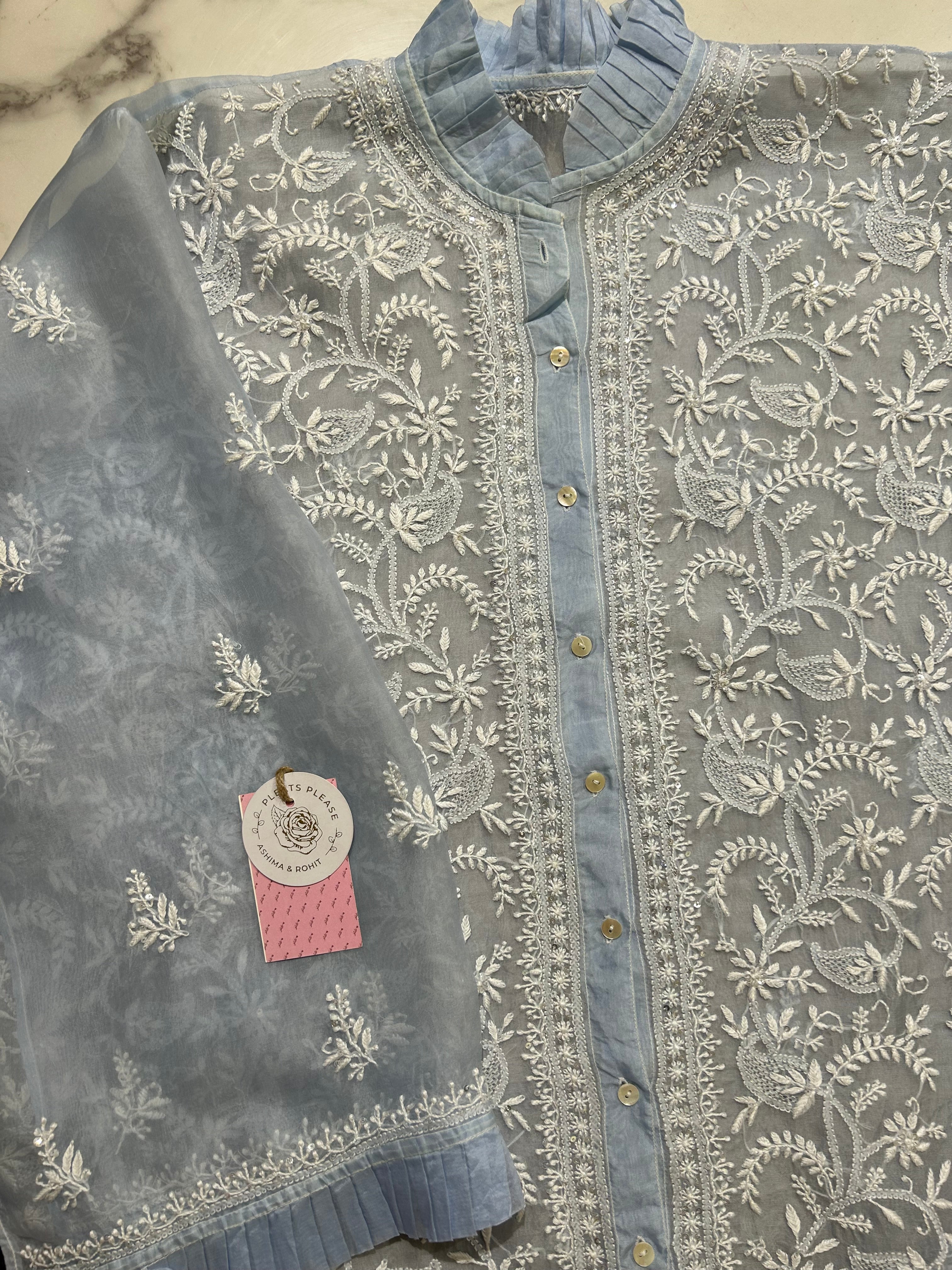 Powder Blue Pure Organza Chikankari Shirt - Pleats PleaseChikankari