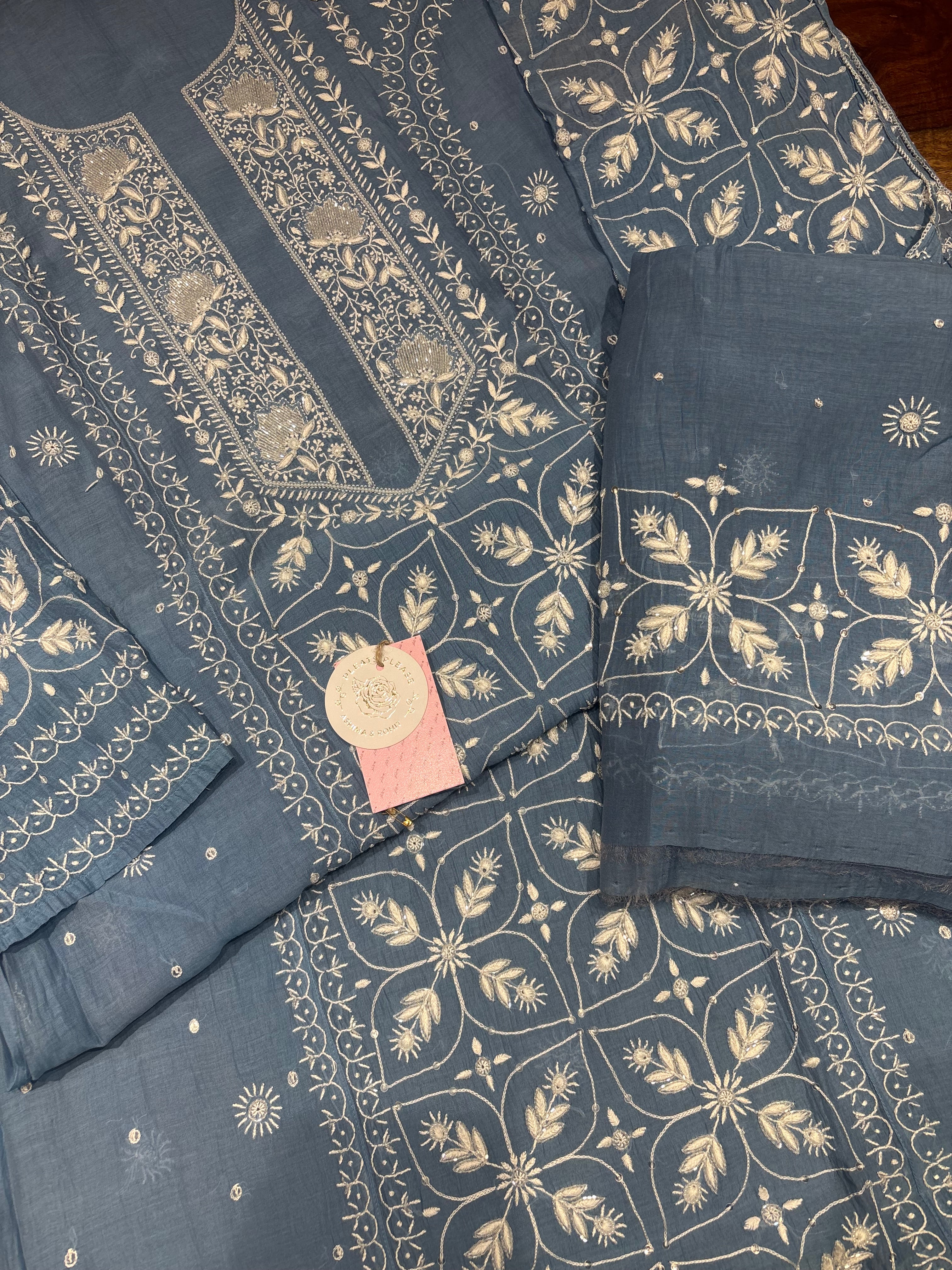 Blue Chanderi Mul Chikankari Kurta and Dupatta Set