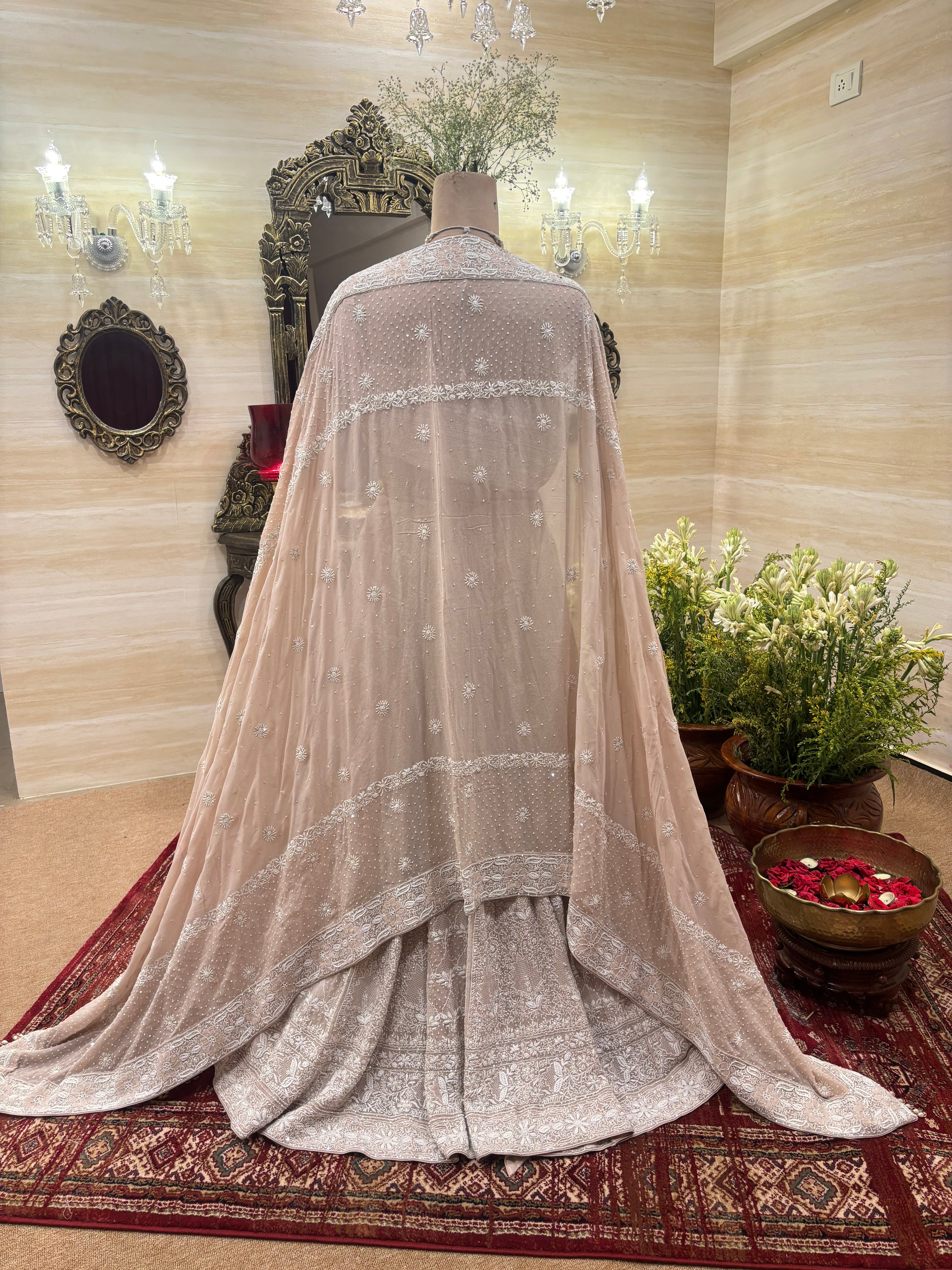 Nude Peach Pure & Premium Georgette Chikankari Lehenga Set