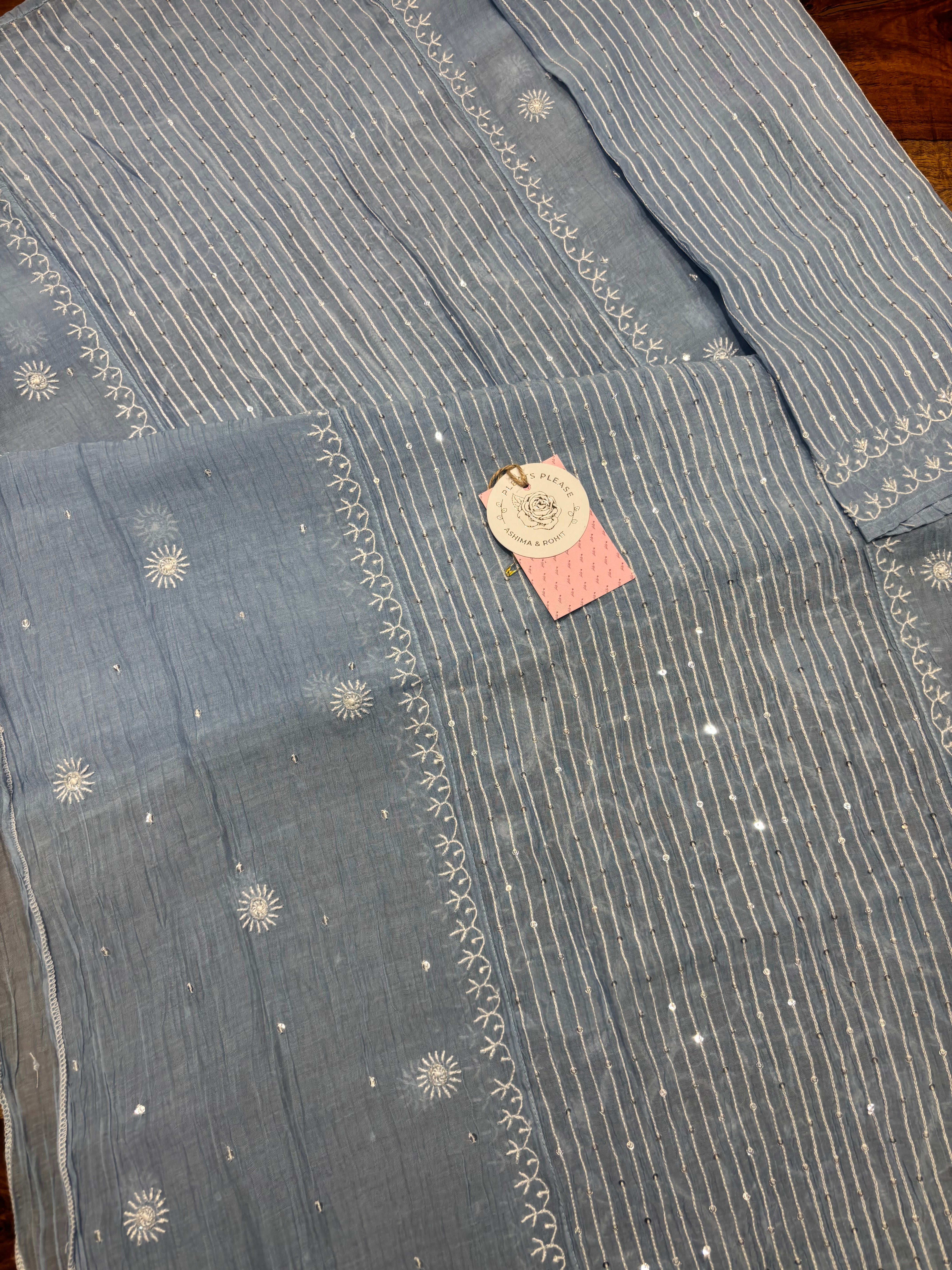 Blue Chanderi Mul Chikankari Kurta & Dupatta Set