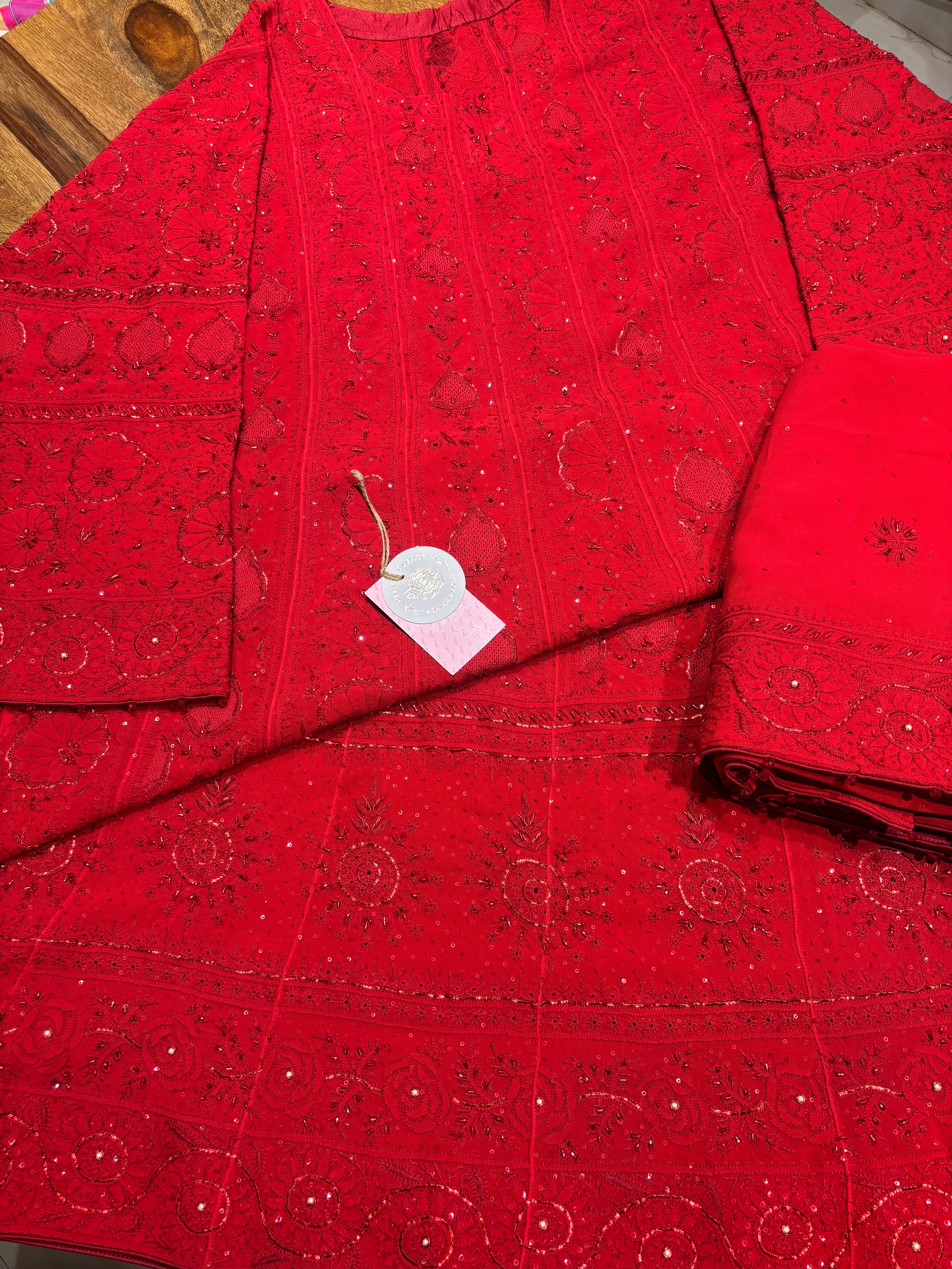 Red Pure & Premium Georgette Chikankari Anarkali & Dupatta Set