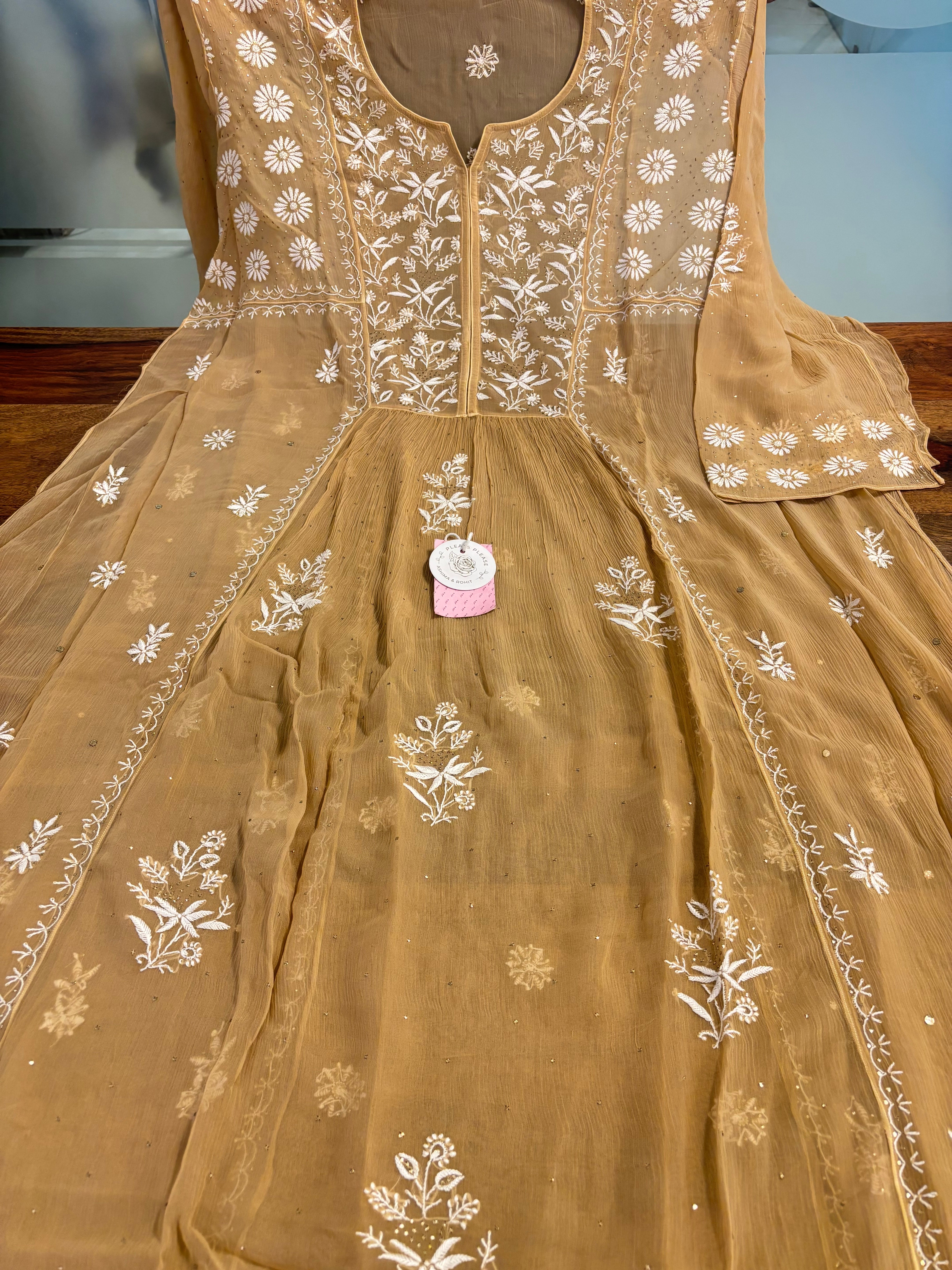 Beige-Gold Pure Chiffon Front Tucks Mukaish & Chikankari Kurta