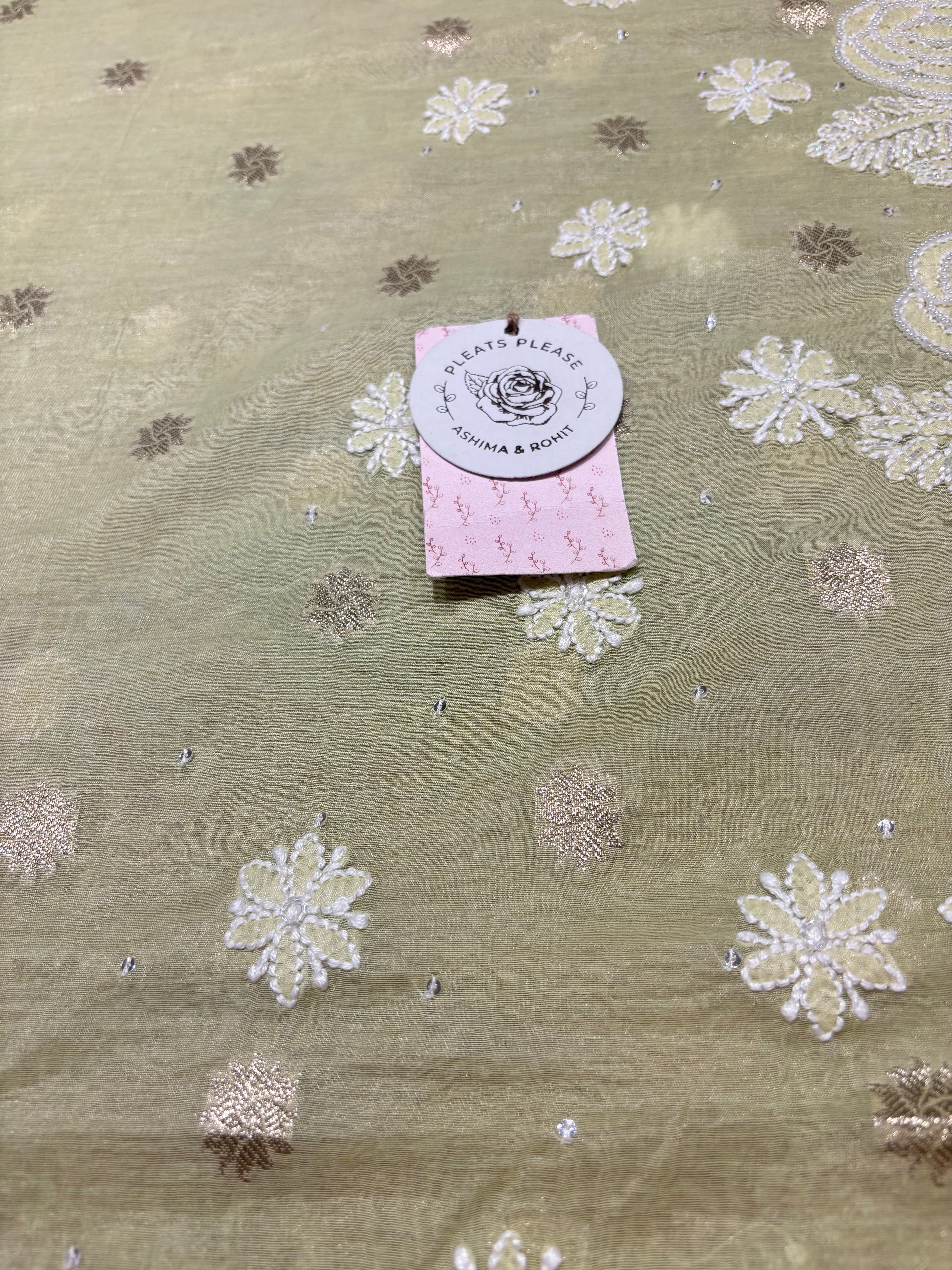 Pistachio Green Chanderi Silk Chikankari Kurta & Dupatta Fabric